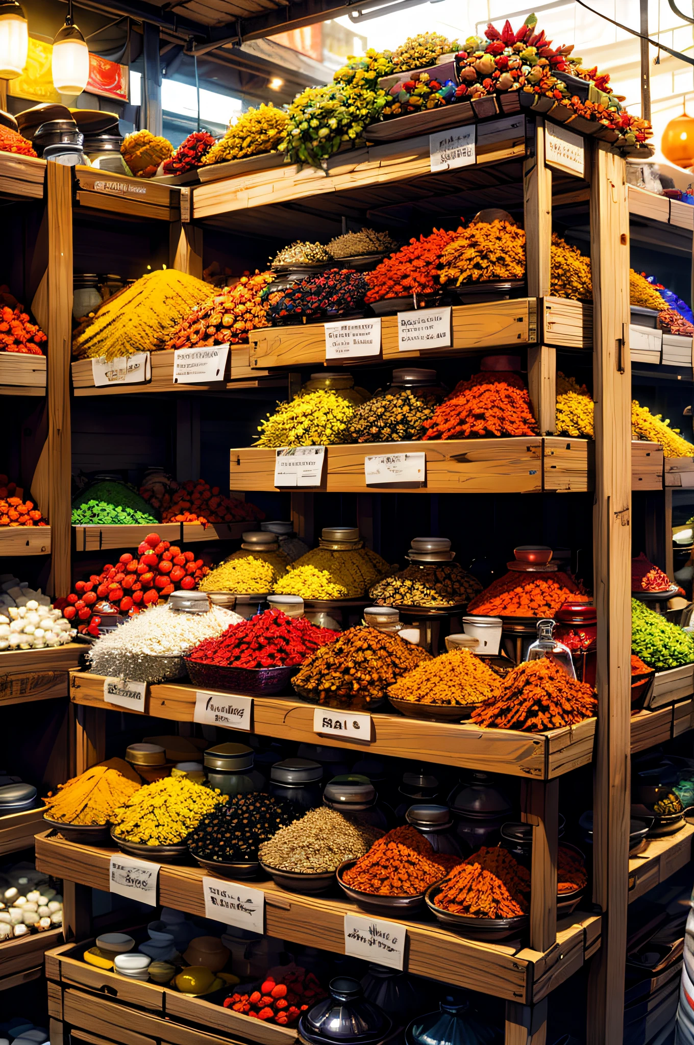 "Experience a burst of flavor with our AI-generated image of a vibrant spice market, filled with colorful jars and bags of unique spices from around the world."