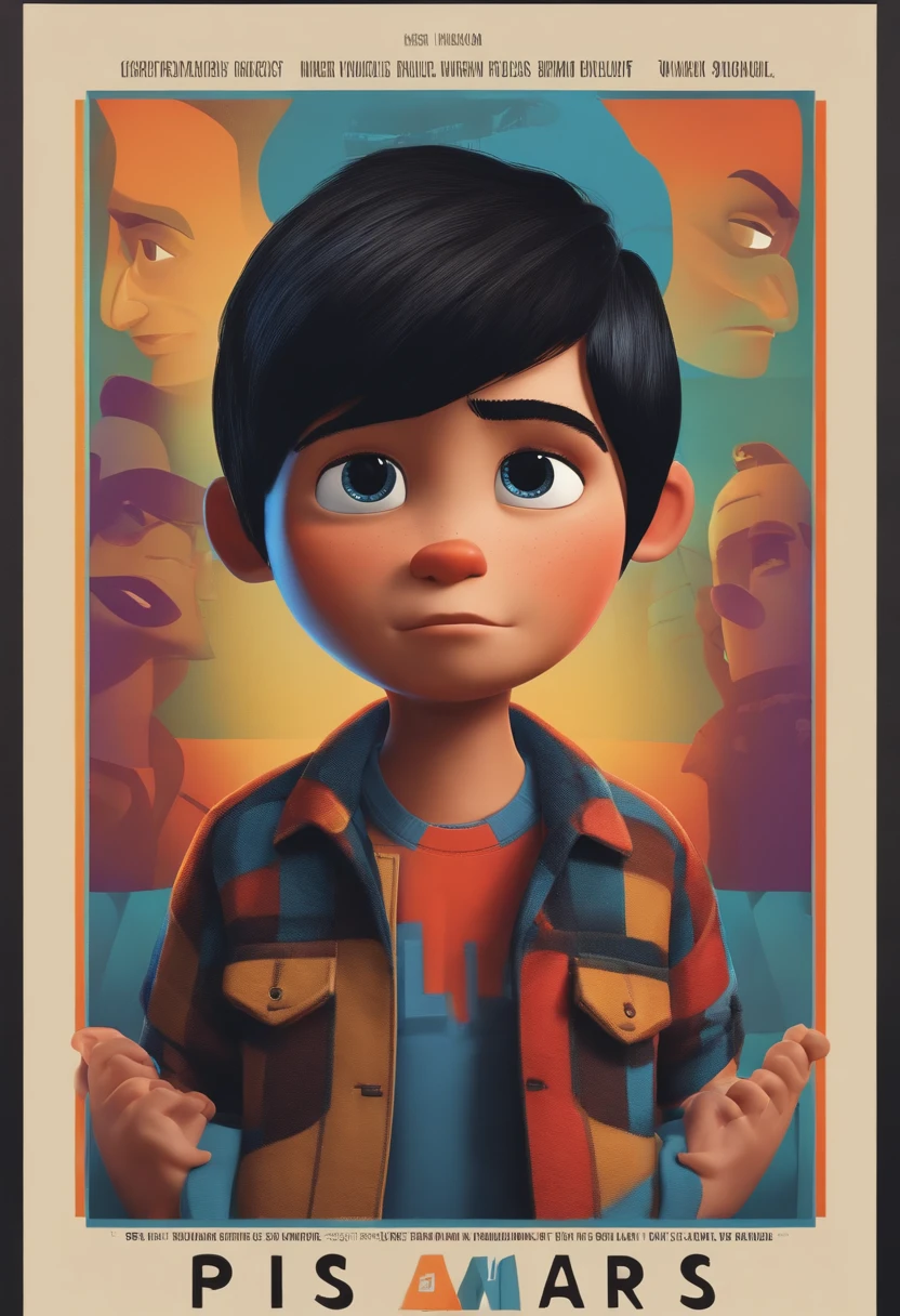 filme Marketing 2023 estilo filmes Pixar, Com nome "N - Marketing", poster, With short black hair and a black t-shirt in front of his arms crossed.