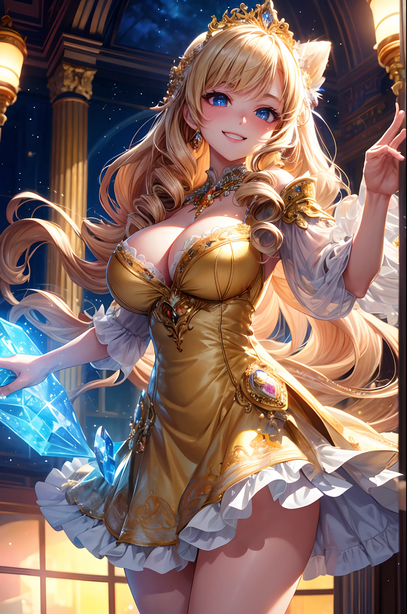 Masterpiece, top quality, super detailed, 4K, super detailed illustration, highly detailed beautiful face and eyes, professional lighting, cowboy shot, 1 girl, (loli:1.3), huge breasts, glamour, crystal dress, Evening Clothes, Drill Hair, Long Blonde Hair, Lady Pose, Juliana Covers Mouth with Fan, Laugh, Smile, Ballroom, Legal, Elegant, Graceful, Reflective, Glowing, Particle Light, Indoor, Dynamic Angle,