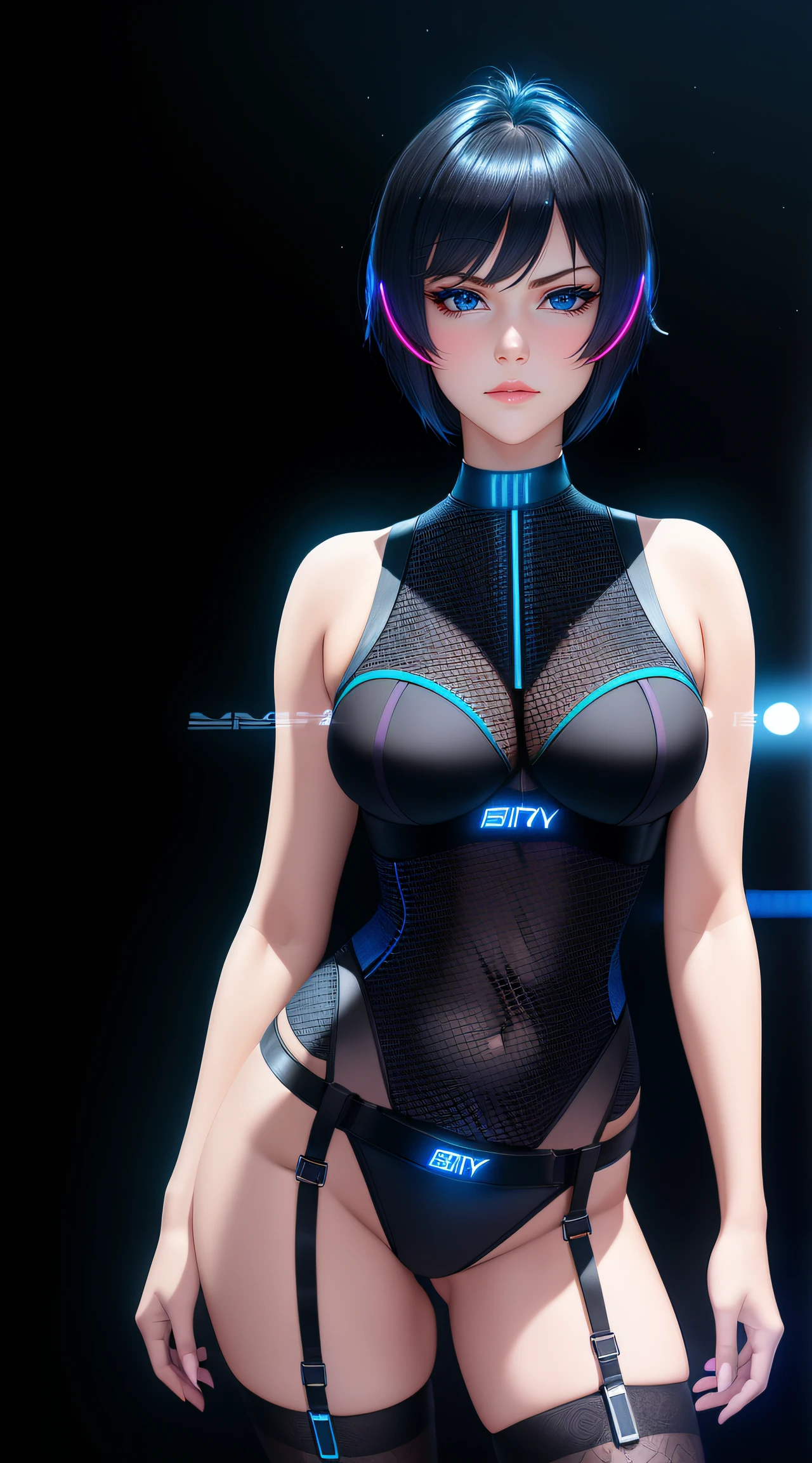 25-Year-Old Woman, Full Body, Adult, Dark Blue Water-Colored Eyes, Bright Neon Lighting, Black Bob Short Hair, strip club outfit, lace underwear, Serious Face, Realistic Face Resolution, Realistic, Object Resolution, (dark city night black background:1.4)
