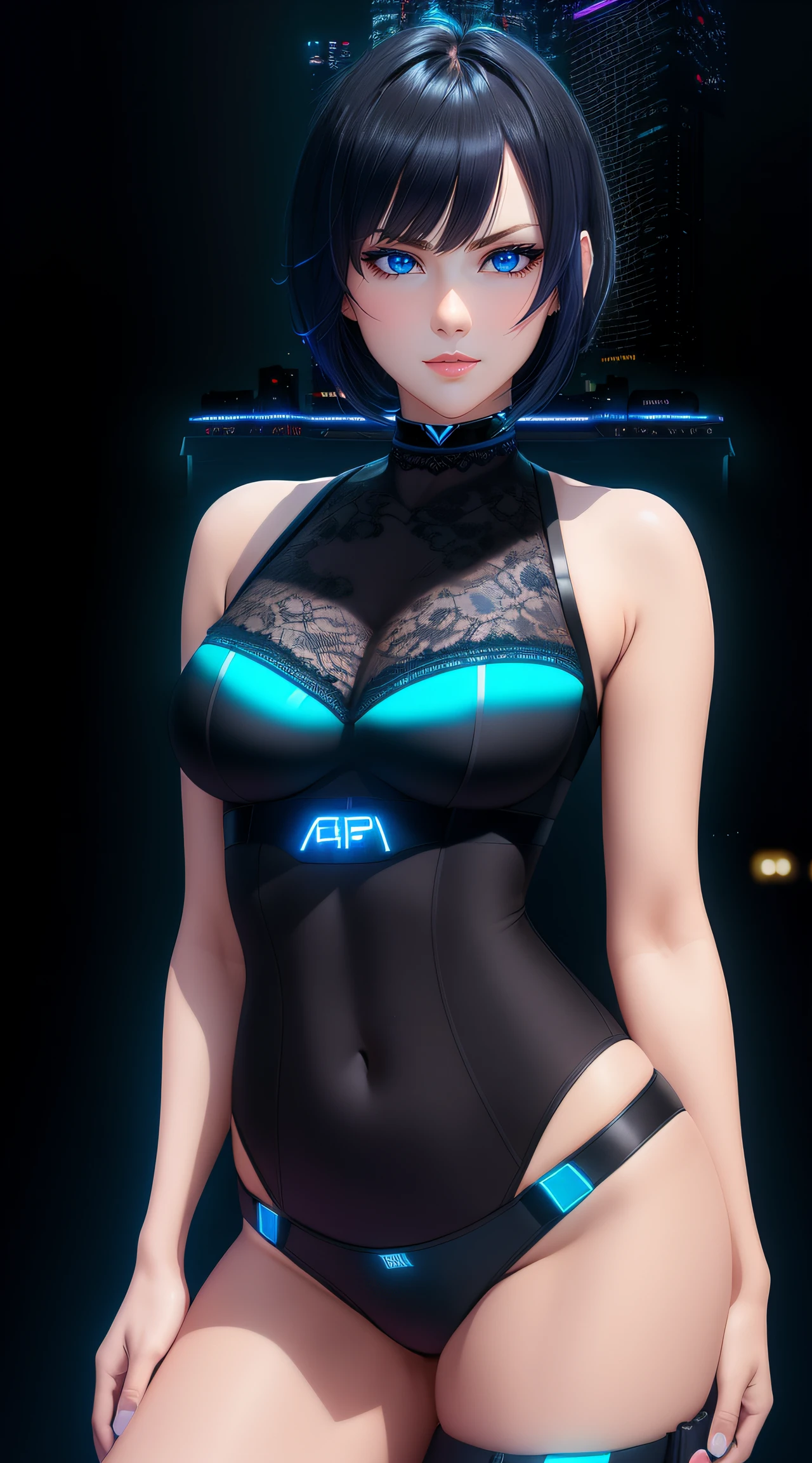 25-Year-Old Woman, Full Body, Adult, Dark Blue Water-Colored Eyes, Bright Neon Lighting, Black Bob Short Hair, strip club outfit, lace underwear, Serious Face, Realistic Face Resolution, Realistic, Object Resolution, (dark city night black background:1.4)