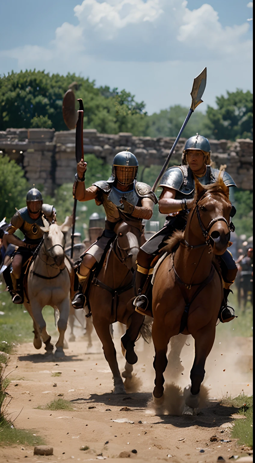 A battle scene between Romans and Germanic warriors, symbolizing the influence of conquest on the taste for blonde hair.