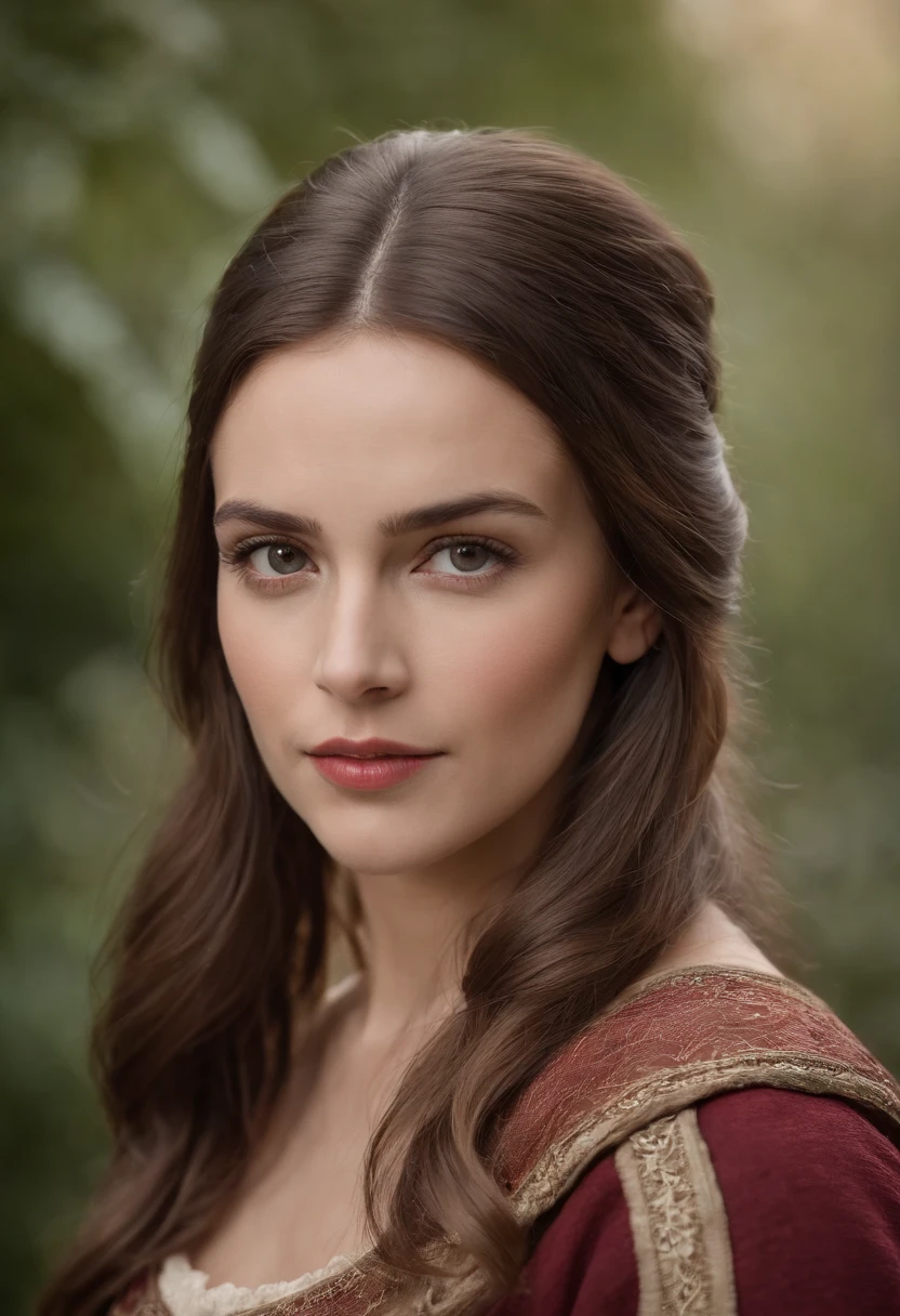 mulher em torno de 39 anos, cabelos castanhos naturais, rosto arredondado, olhos castanhos distintos, vestindo kohl, Beautiful, luz de velas em um ambiente medieval, Ultra sharp focus, tiro realista, roupas femininas medievais, cores tetradicas (cicatriz:1.4)