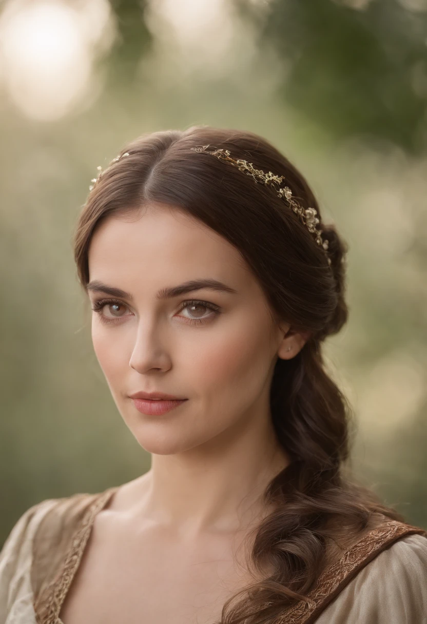 mulher em torno de 39 anos, cabelos castanhos naturais, rosto arredondado, olhos castanhos distintos, vestindo kohl, Beautiful, luz de velas em um ambiente medieval, Ultra sharp focus, tiro realista, roupas femininas medievais, cores tetradicas (cicatriz:1.4)