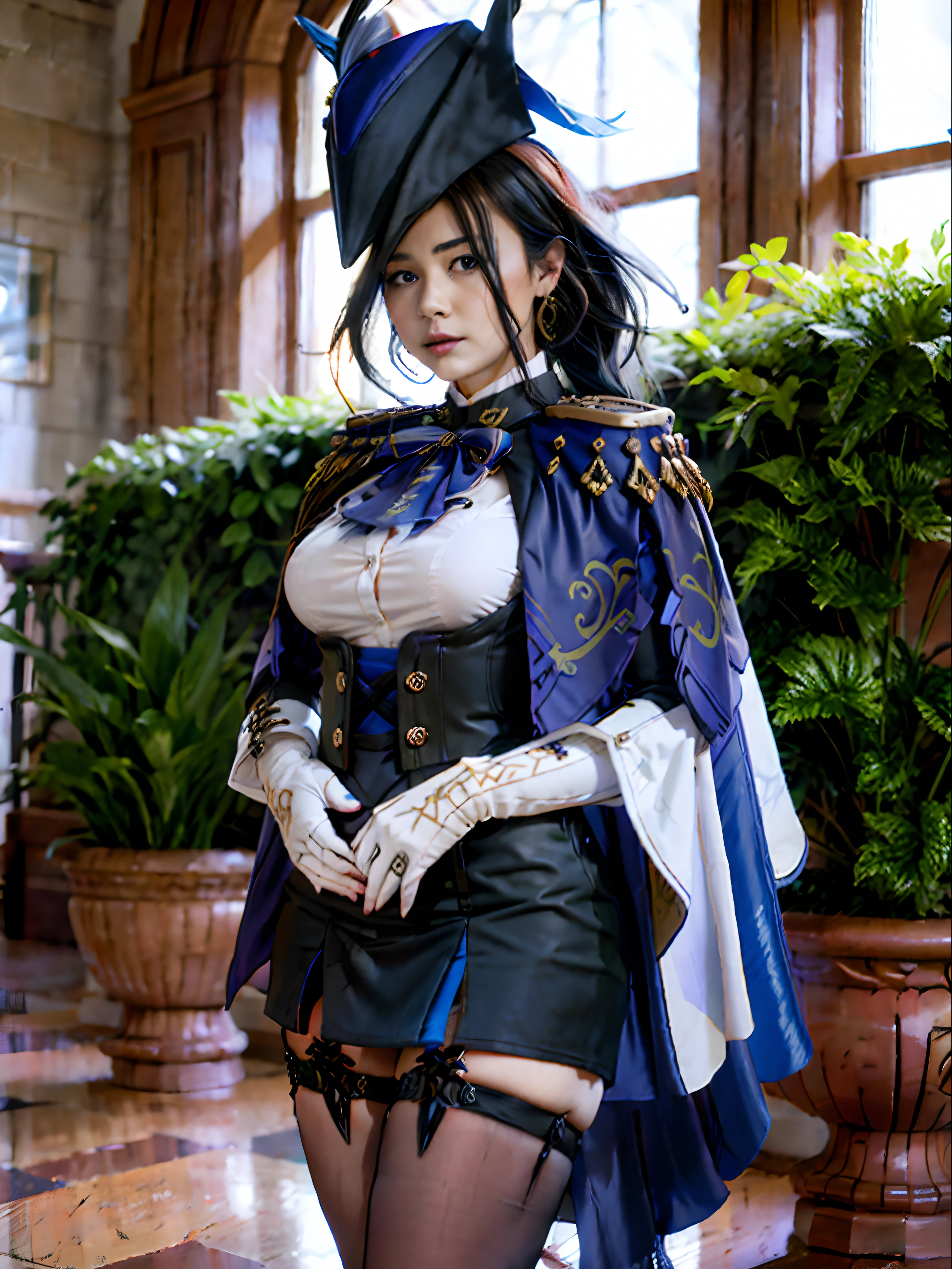 8K分辨率、Raw photo、1girl in, Klonde \(GenshinImpact\), tricorne, pantyhose, earrings, blue cape, White Gloves, pencil skirts, White shirt, Thigh strap, Underbust, ascot, Jacket, depth of fields, Standing, Cowboy Shot, Glaring, put hands on the hip, Looking at Viewer, chies, Indoors