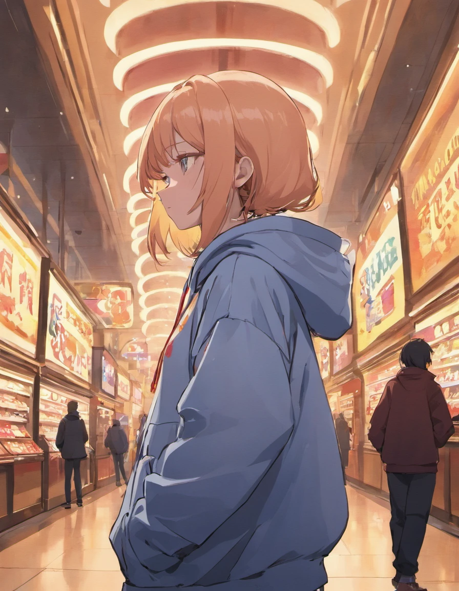Woman wearing a hoodie standing waiting in a mall