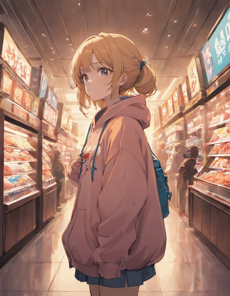 Woman wearing a hoodie standing waiting in a mall