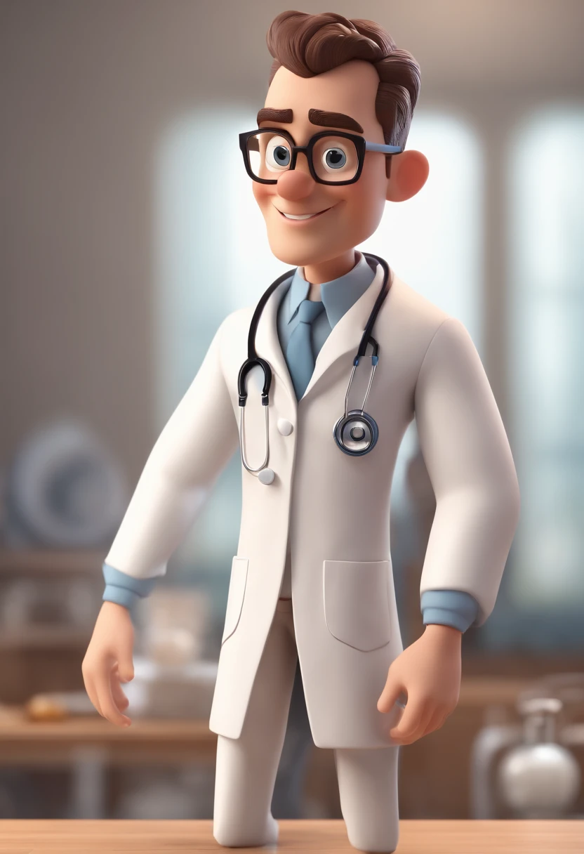 Cartoon character of a man with almost shaved hair wearing a doctor's lab coat, um personagem animado, Caractere estilizado, animation style rendering, 3D estilizado, Arnold Maya render, 3 d render stylized, toon render keyshot, Personagem 3D, Personagem 3D, 3d rendering stylized, 3 d character render, personagem de desenho animado, Personagem de close up, Pose de personagem, (Estilo Pixar) (master part:1.2) (Bokeh) (melhor qualidade) (pele detalhada) (textura detalhada) (8k) (argila) (Cinematic lighting) (foco nítido，Senta e vaza a parte superior do corpo