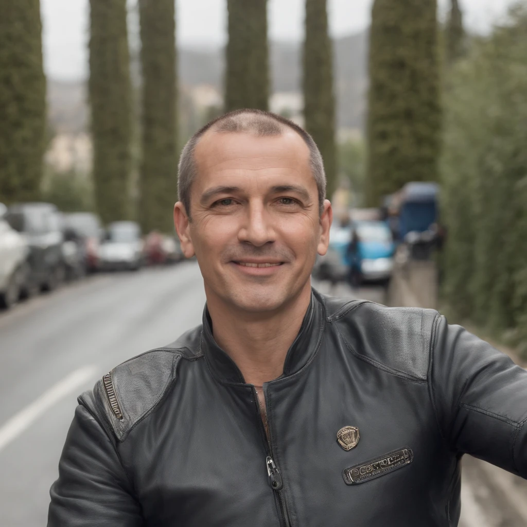 Flavio is 48 years old with short hair that is slightly gray on the sides near his ears. Wide face and big eyes and wide smile. He is on a blue Tiger Triumph 660 cc motorcycle. It is in front of kilometer zero on BR116.