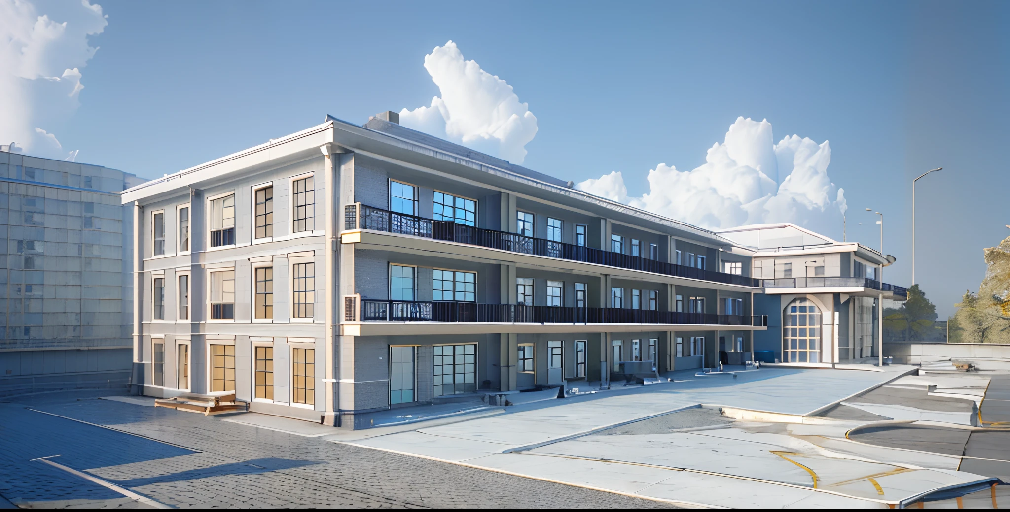 a rendering of a large white building with a balcony and balconies, building facing, architectural render, architectural rendering, perspective view, architectural 3 d render, low angle dimetric rendering, architecture render, lumion render, front perspective, full building, architectural concept, 3 - d render, lumion rendering, 3 d renders, 3 d perspective, 3 d rendering,blue sky,alumunum glass window and doors,white clouds,yellow sunshine,polished concrete,gray painted wall
