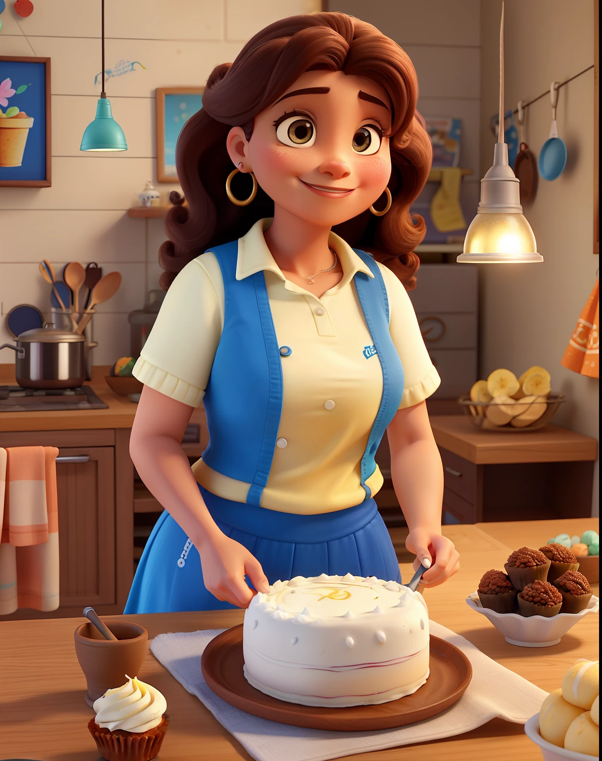 Um poster 3D inspirado na Disney Pixar, uma mulher de 40 anos pele clara, olhos castanhos e cabelo comprido cacheado castanho, na boca sorridente batom marrom, na roupa avental marrom, illuminated by the light of a lamp, contra o pano de fundo de uma cozinha americana, na parede com prateleiras e quadros , Woman is making a cream cake on the table, cupcakes, brigadeiros and mixer