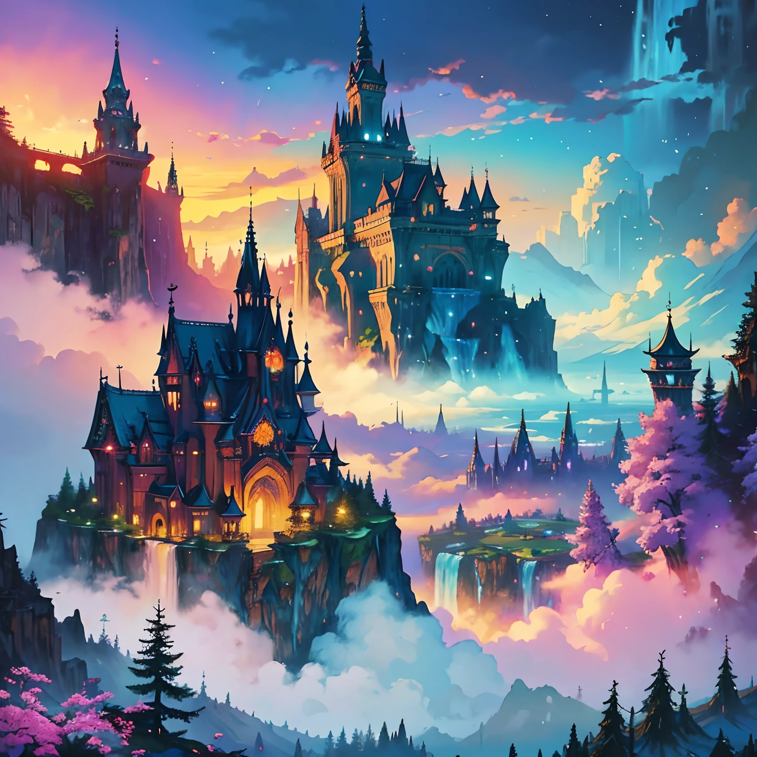 Craft a vivid description of a majestic fairy city nestled among the clouds in a breathtaking fantasy landscape. Envision cascading waterfalls of iridescent mist, opulent floating palaces adorned with intricate spires, and ethereal gardens where vibrant, otherworldly flora flourishes in the soft glow of an eternal sunset