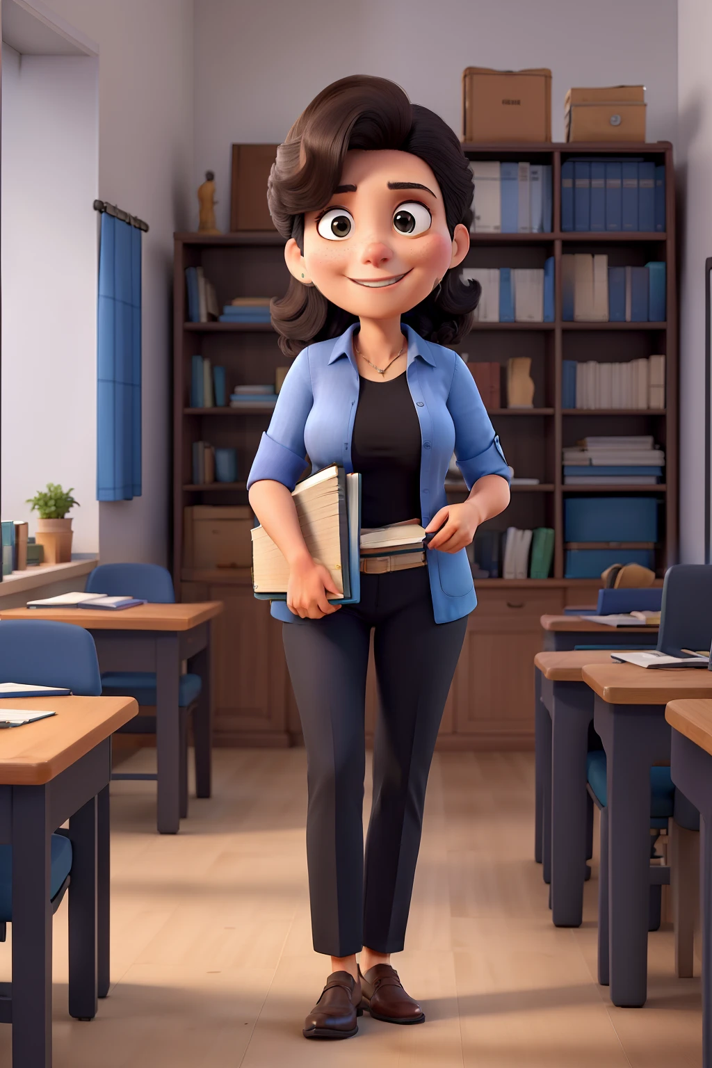 Obra-prima, de melhor qualidade, uma professora de cabelos loiros, Wearing black pants and blue blouse holding books in staff room