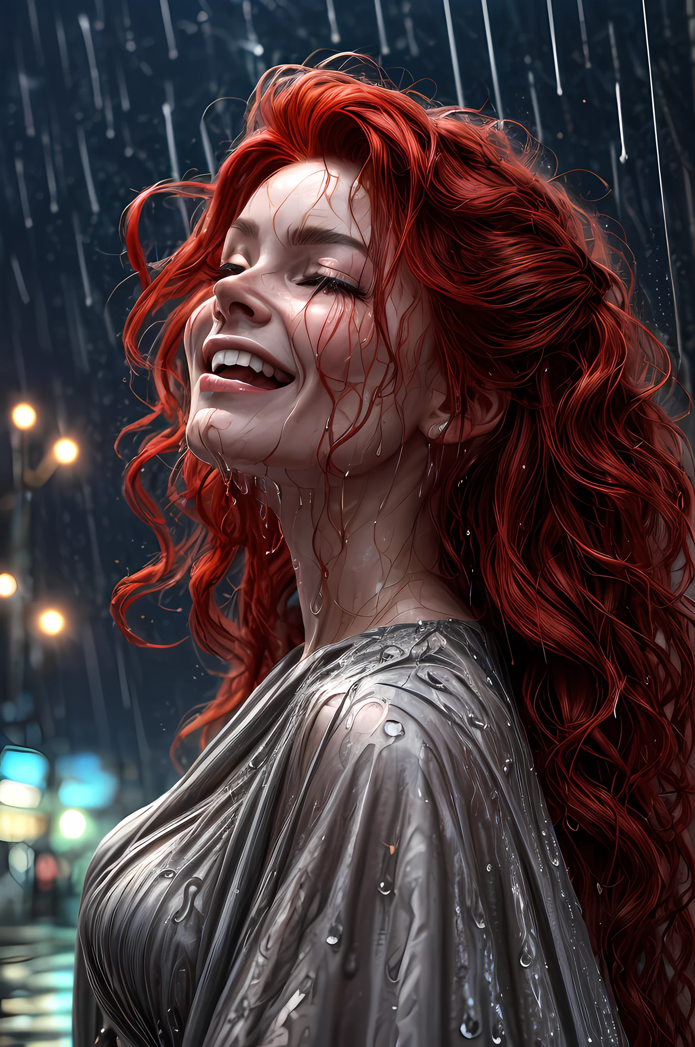 a close up picture of a woman's face looking towards the sky, as she looks up the (rain drops: 1.3) fall on her face, a very beautiful woman, long hair, red hair, wavy hair, wet hair, closed eyes, she wears an elegant, intricate dress, there is a sense of joy on her face, an urban street at night. cloudy night,