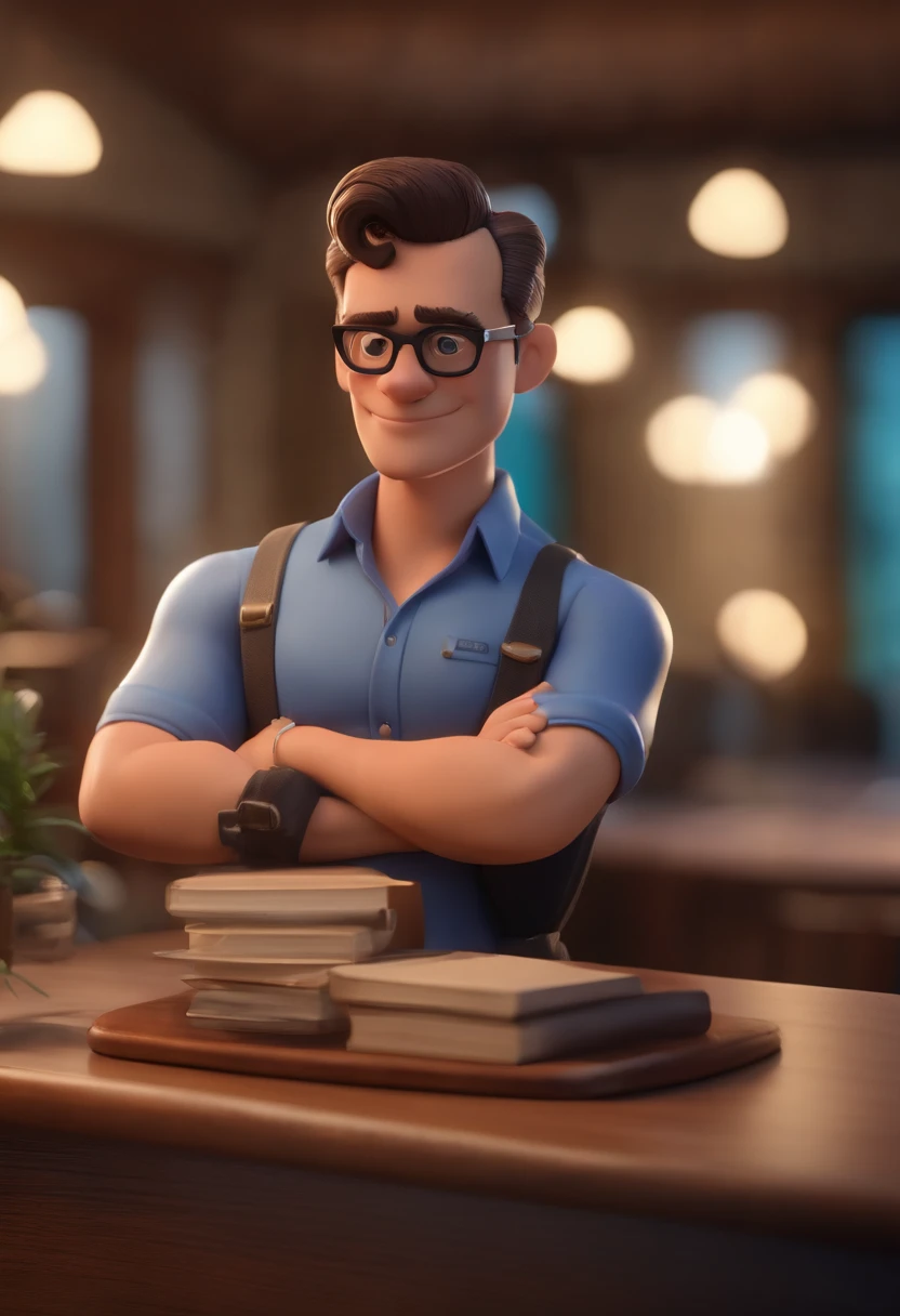 Cartoon character of a man wearing black glasses and a blue shirt, um personagem animado, Caractere estilizado, animation style rendering, 3D estilizado, Arnold Maya render, 3 d render stylized, toon render keyshot, Personagem 3D, Personagem 3D, 3d rendering stylized, 3 d character render, personagem de desenho animado, Personagem de close up, Pose de personagem, (Estilo Pixar) (master part:1.2) (Bokeh) (melhor qualidade) (pele detalhada) (textura detalhada) (8k) (argila) (Cinematic lighting) (foco nítido,Senta e vaza a parte superior do corpo. This guy is a realtor selling houses