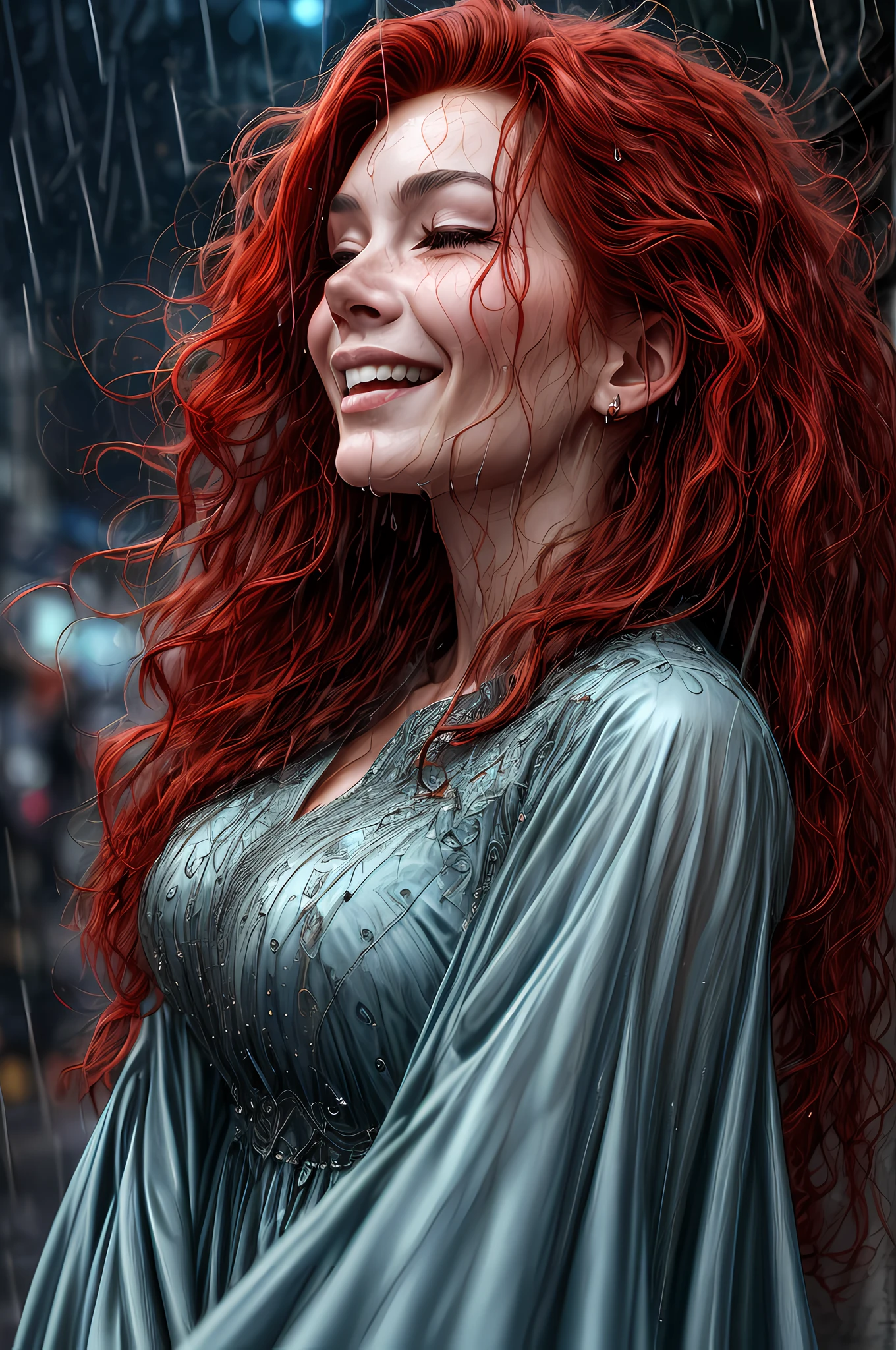a close up picture of a woman's face looking towards the sky, as she looks up the (rain drops: 1.3) fall on her face, a very beautiful woman, long hair, red hair, wavy hair, wet hair, closed eyes, she wears an elegant, intricate dress, there is a sense of joy on her face, an urban street at night. cloudy night,