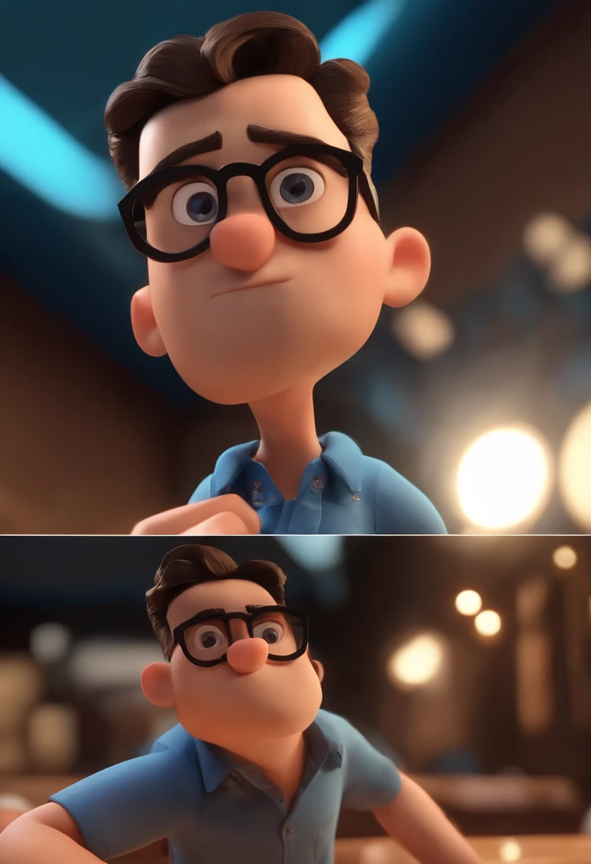 Cartoon character of a man wearing black glasses and a blue shirt, um personagem animado, Caractere estilizado, animation style rendering, 3D estilizado, Arnold Maya render, 3 d render stylized, toon render keyshot, Personagem 3D, Personagem 3D, 3d rendering stylized, 3 d character render, personagem de desenho animado, Personagem de close up, Pose de personagem, (Estilo Pixar) (master part:1.2) (Bokeh) (best quality) (pele detalhada) (textura detalhada) (8k) (argila) (Cinematic lighting) (foco nítido,Senta e vaza a parte superior do corpo