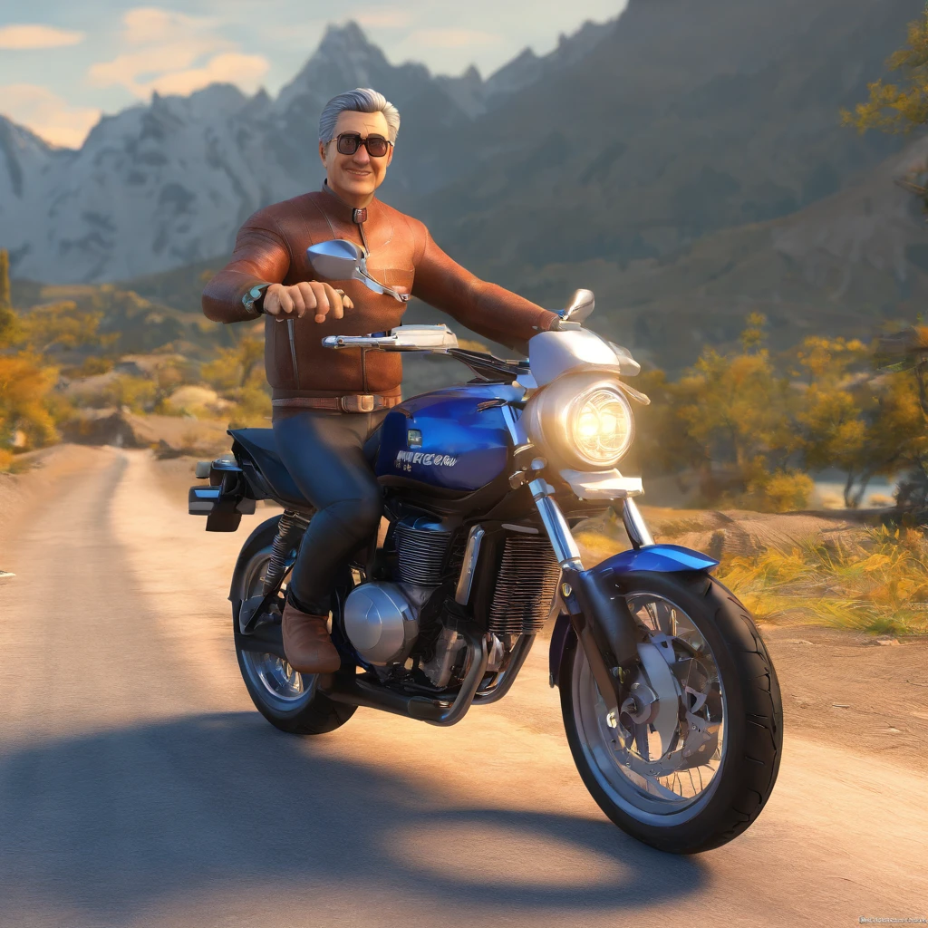 Flavio is 48 years old with short hair that is slightly gray on the sides near his ears. Wide face and big eyes and wide smile. He is on a blue Tiger Triumph 660 cc motorcycle. It is in front of kilometer zero on BR116.