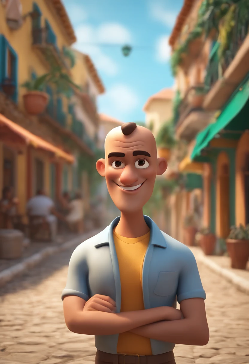 Cartoon character of a man with a shaved head, barba castanha, cabelo castanho, sobrancelhas levantadas, usando uma camisa branca, um personagem animado, in a setting of Rio de Janeiro, Caractere estilizado, animation style rendering, 3D estilizado, Arnold Maya render, 3 d render stylized, toon render keyshot, Personagem 3D, Personagem 3D, 3d rendering stylized, 3 d character render, personagem de desenho animado, Personagem de close up, Pose de personagem, (Estilo Pixar) (master part:1.2) (Bokeh) (best quality) (pele detalhada) (textura detalhada) (8k) (argila) (Cinematic lighting) (foco nítido,Senta e vaza a parte superior do corpo