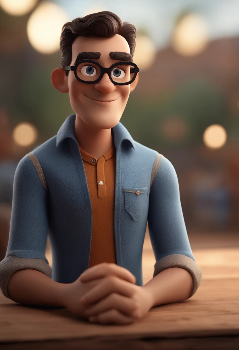 Cartoon character of a man with black glasses and a blue shirt, animation character, Caractere estilizado, animation style rendering, 3D estilizado, Arnold Maya render, 3 d render stylized, toon render keyshot, Personagem 3D, Personagem 3D, 3d rendering stylized, 3 d character render, personagem de desenho animado, Personagem de close up, Pose de personagem,  (Estilo Pixar) (master part:1.2) (Bokeh) (best quality) (pele detalhada) (textura detalhada) (8k) (argila) (Cinematic lighting) (foco nítido