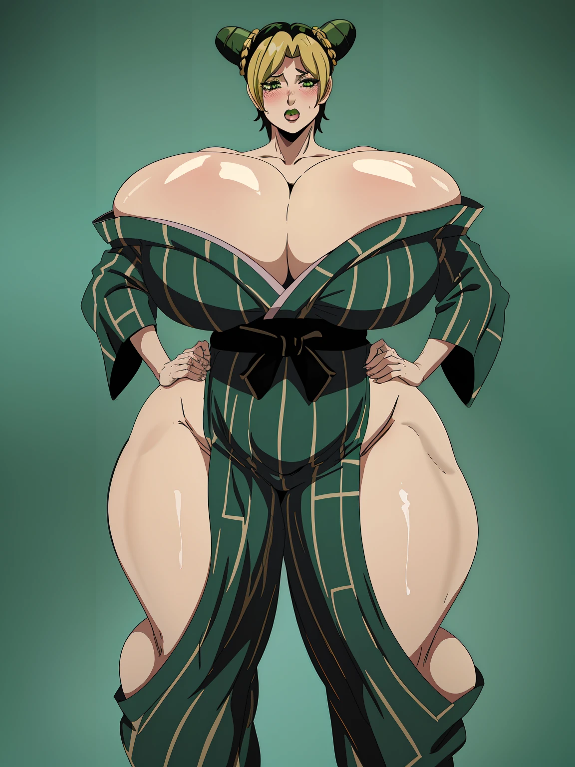 1girl, solo, jolyne, green eyes, lips, :o, blush, looking at viewer, kimono, strapless, off shoulder, hands on hips, leaning forward, simple background, cowboy shot, short hair, large breasts, cleavage, wide hips, thick thighs, huge ass, enormous huge natural breasts, cleavage, mature mom,detailed fingers, accurate fingers
