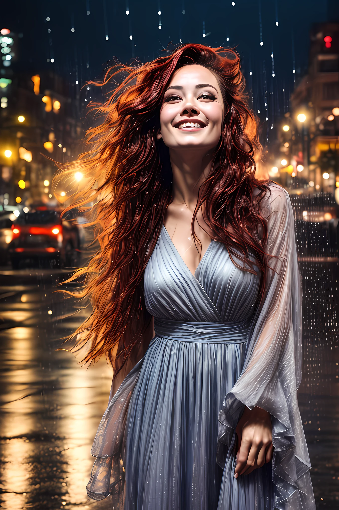 a close up picture of a woman's face looking towards the sky, as she looks up the (rain drops: 1.3) fall on her face, a very beautiful woman, long hair, red hair, wavy hair, wet hair, closed eyes, she wears an elegant, intricate dress, there is a sense of joy on her face, an urban street at night. cloudy night,