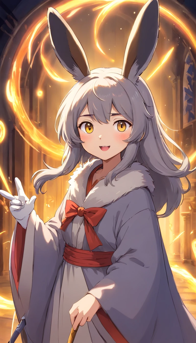 (Best Quality), (Masterpiece), ((Solitary), (Ultra Detailed), (Furry), (Furry), (Female rabbit: 1.5), (Gray Fur: 1.3), (Fluffy Tail: 1.2), (Golden Eyes), Open Mouth, Sharp Focus, (Furry Feeling of Animal Ears), Front Face, Look at the Viewer, Magician, Magician Robe, Magic Hat, Magic Cane