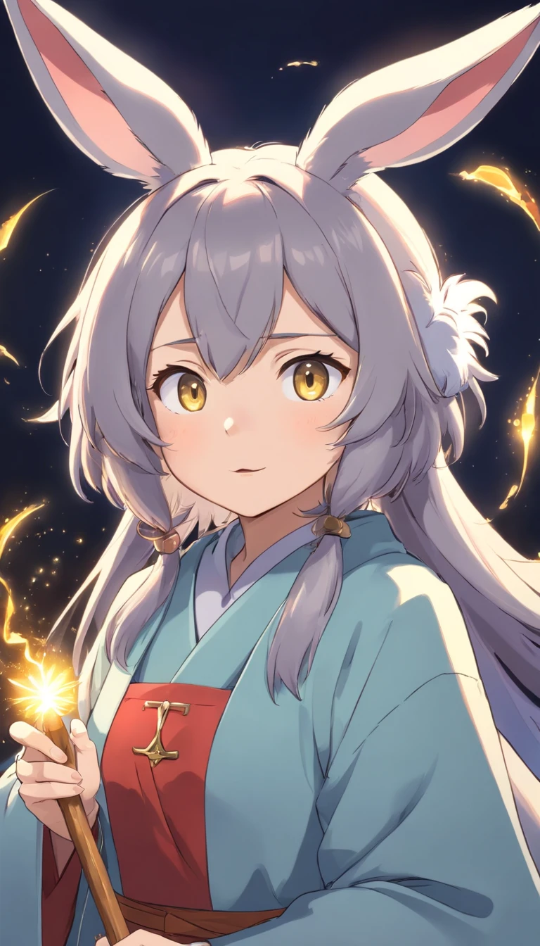 (Best Quality), (Masterpiece), ((Solitary), (Ultra Detailed), (Furry), (Furry), (Female rabbit: 1.5), (Gray Fur: 1.3), (Fluffy Tail: 1.2), (Golden Eyes), Open Mouth, Sharp Focus, (Furry Feeling of Animal Ears), Front Face, Look at the Viewer, Magician, Magician Robe, Magic Hat, Magic Cane