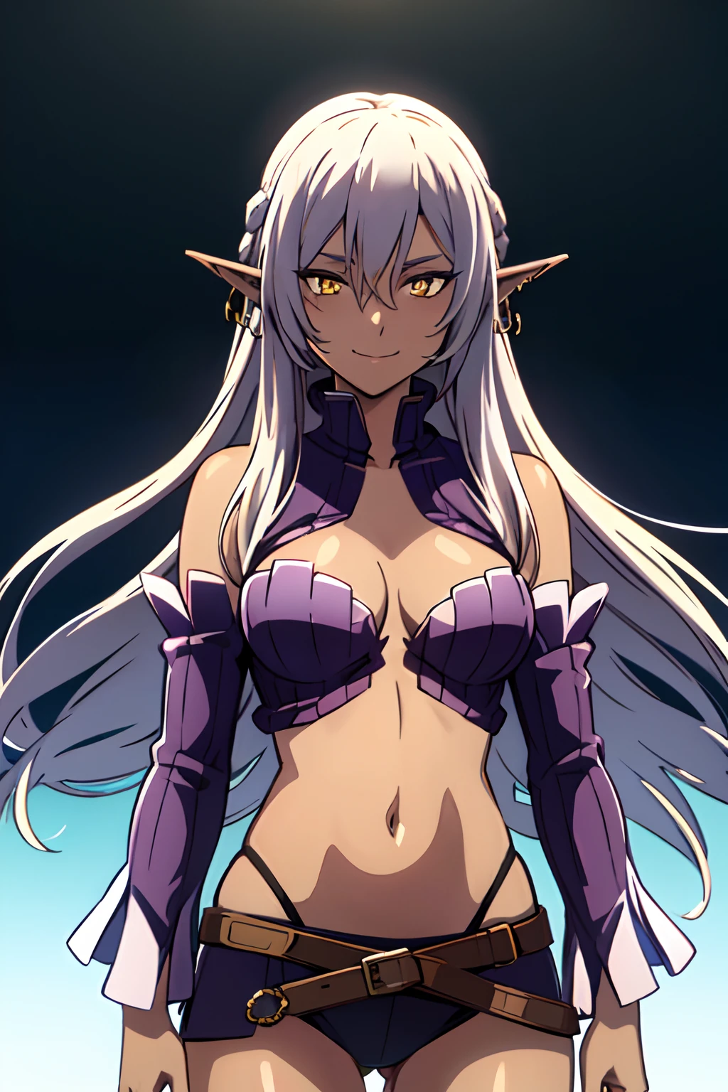 (best quality,highres),dark elf,exposed clothing,navel,separated sleeves,yellow-eyed,nose ring,dark-skinned female,hairstyle,pointy ears,belt,thigh,1 girl,solo performance,mechanical upper body,facing the viewer,looking at the viewer,charming smile,dramatic lighting