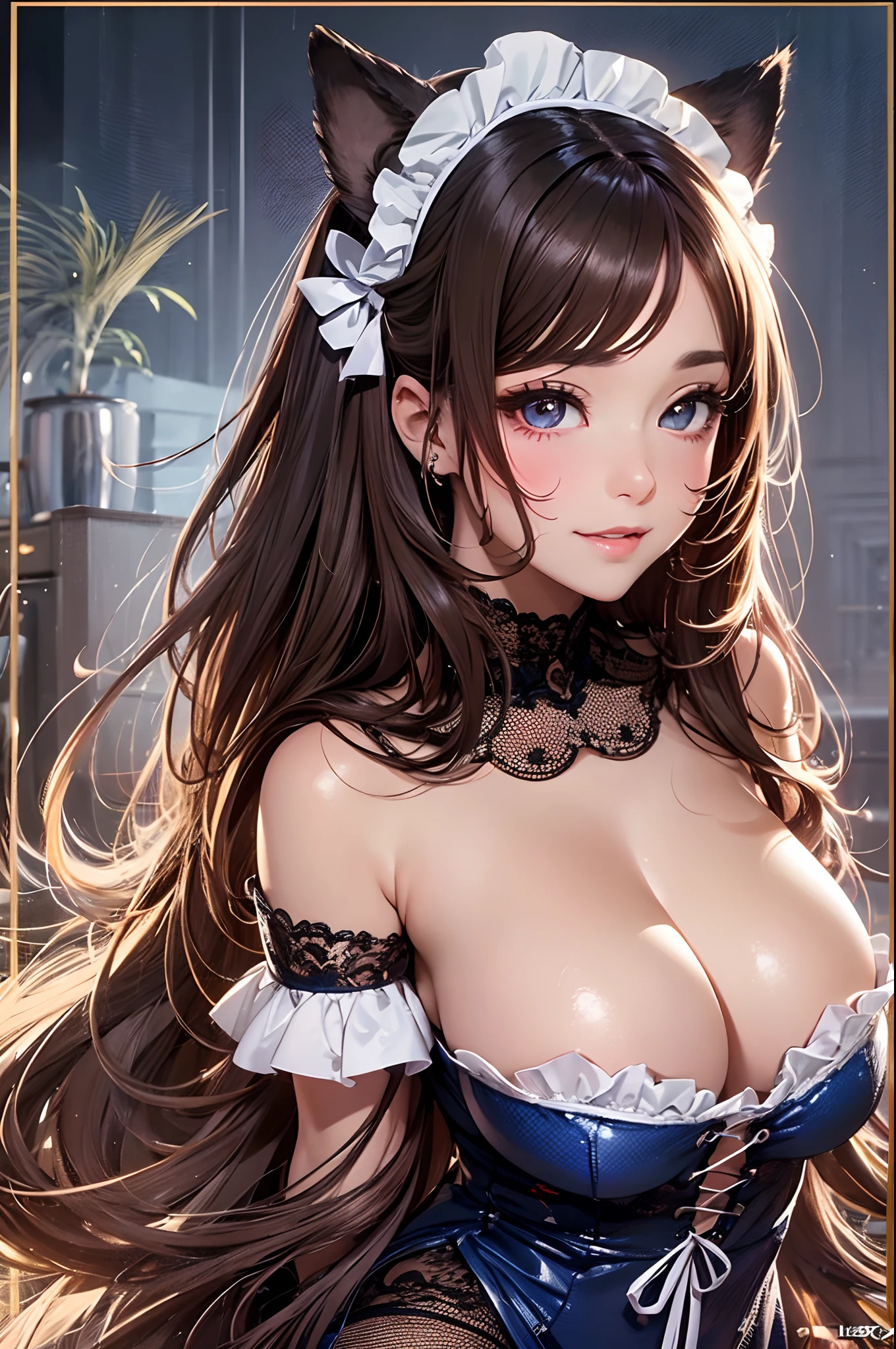 16K Ultra High Definition
Super Detailed
masterpiece
Glossy and detailed hair
Beautiful human woman with long brown hair、Blue Mesh、Very long lashes、lofty nose、
ultra gigantic tits、Amazing beautiful breasts、Sexy Maid Outfits
Dog Ears
Glossy skin
Red cheeks
Moist eyes and an embarrassed expression
Seduce with a bewitching smile
The background is the living room