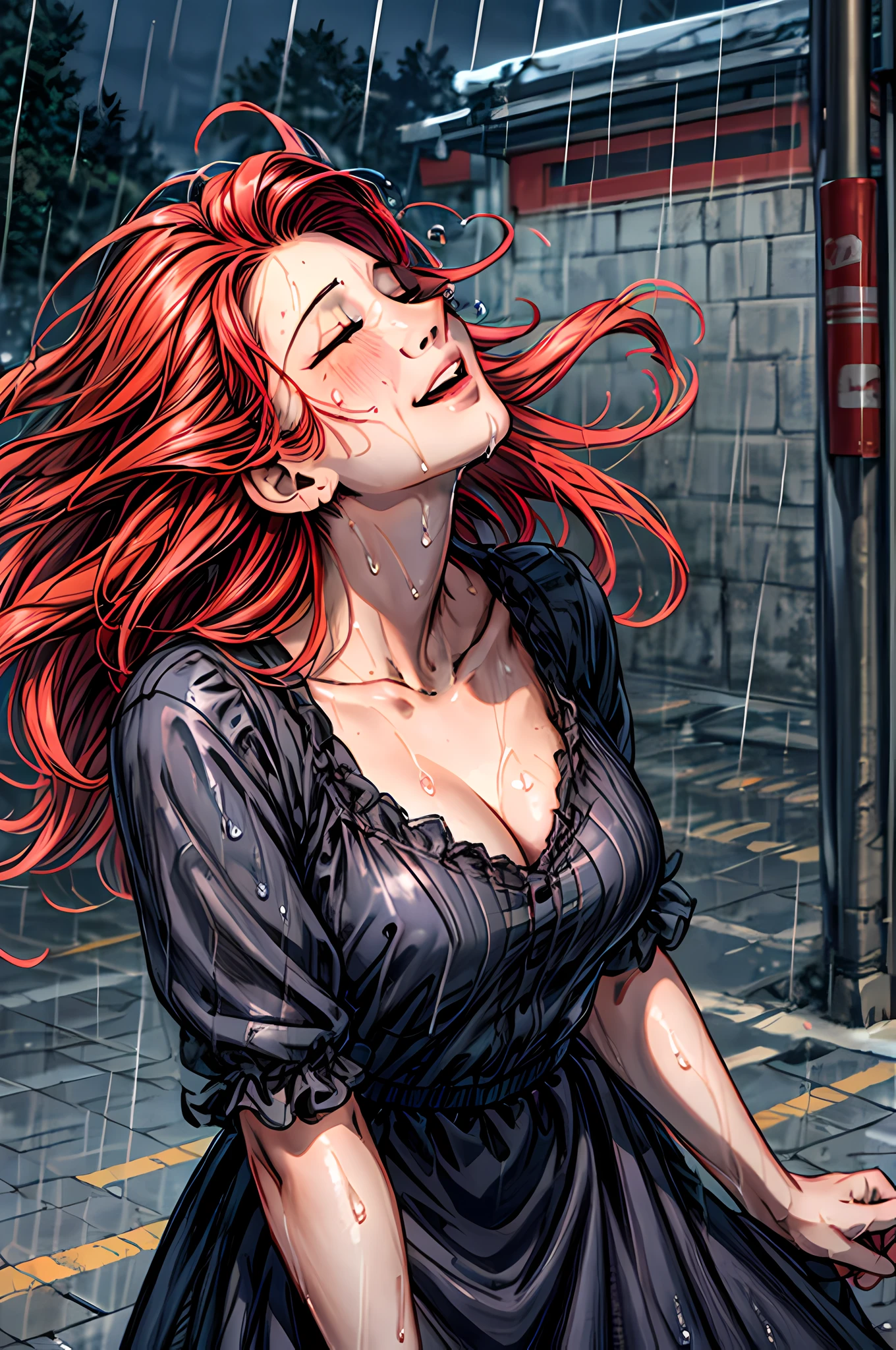 a close up picture of a woman's face looking towards the sky, as she looks up the (rain drops: 1.3) fall on her face, a very beautiful woman, long hair, red hair, wavy hair, wet hair, closed eyes, she wears an elegant, intricate dress, there is a sense of joy on her face, an urban street at night. cloudy night,