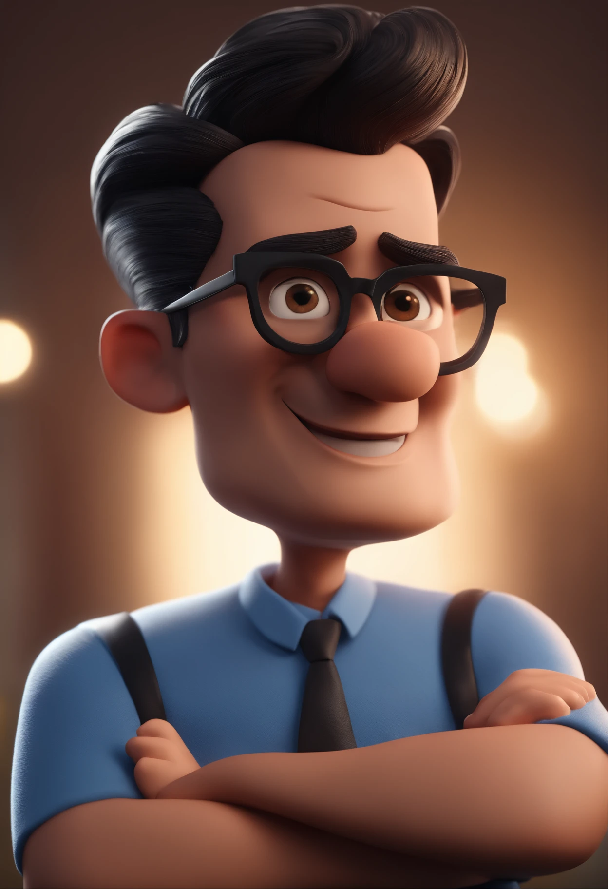 Cartoon character of a man with black glasses and a blue shirt, animation character, Caractere estilizado, animation style rendering, 3D estilizado, Arnold Maya render, 3 d render stylized, toon render keyshot, Personagem 3D, Personagem 3D, 3d rendering stylized, 3 d character render, personagem de desenho animado, Personagem de close up, Pose de personagem, (Estilo Pixar) (master part:1.2) (Bokeh) (best quality) (pele detalhada) (textura detalhada) (8k) (argila) (Cinematic lighting) (foco nítido