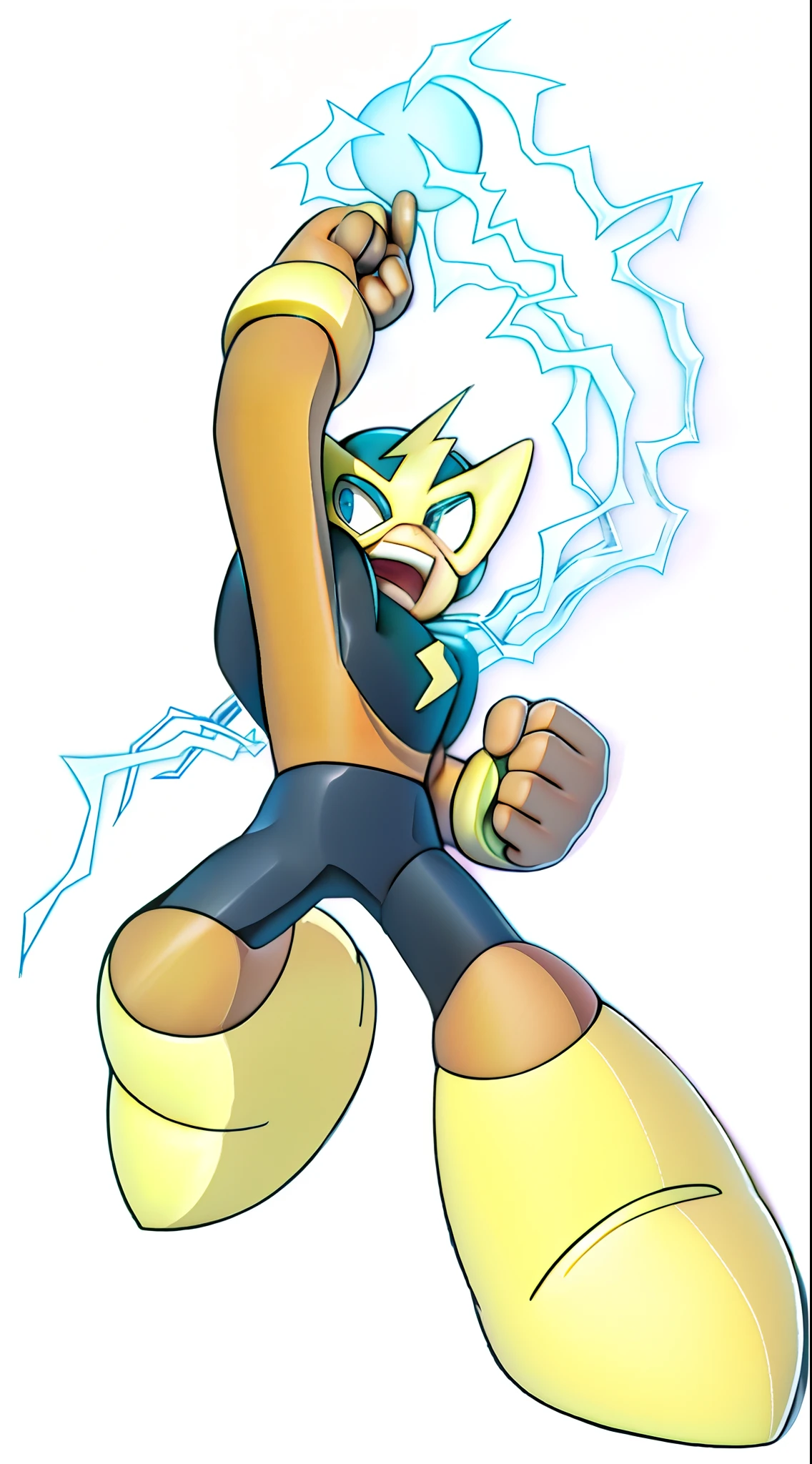 A close-up of a cartoon character,Wearing large yellow and black clothes, megaman as pikachu, Battle posture energy, hero action pose, dynamic energic pose, Ray, super super dynamic dynamic pose, an epic anime of a energy man, author:Tadashi Nakayama, heroic action pose, badass posture, 90s comic book character design, MegaMan,。.。.。.3D