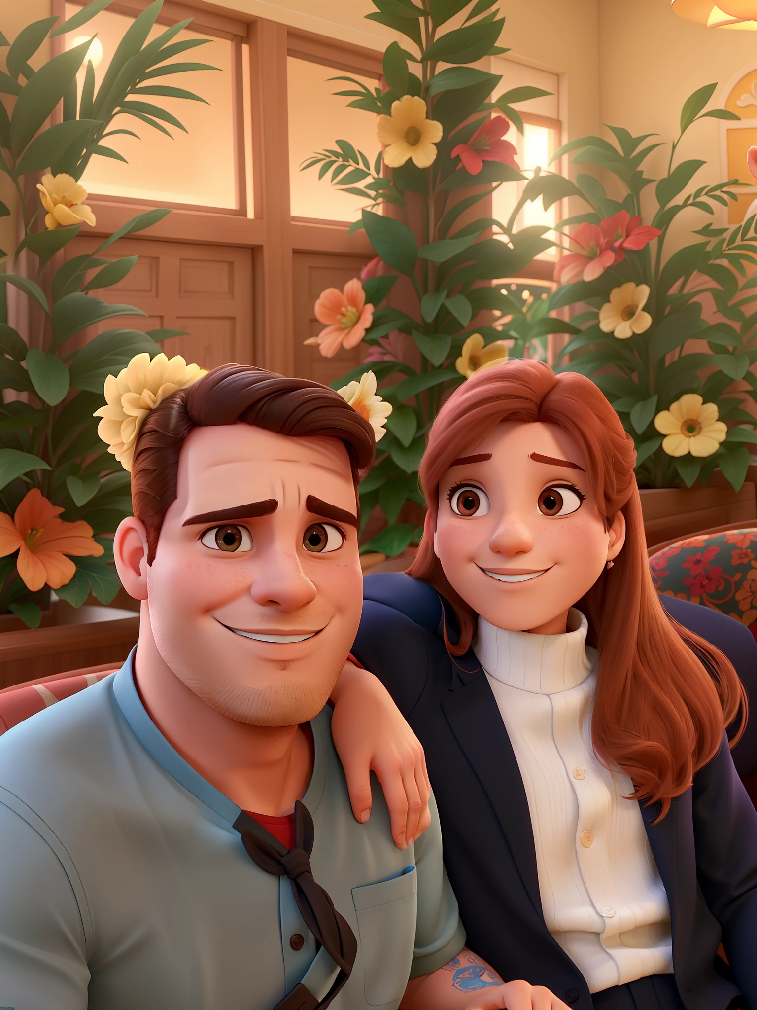 Casal (homem moreno e mulher branca) no estilo Disney Pixar, alta qualidade, melhor qualidade.