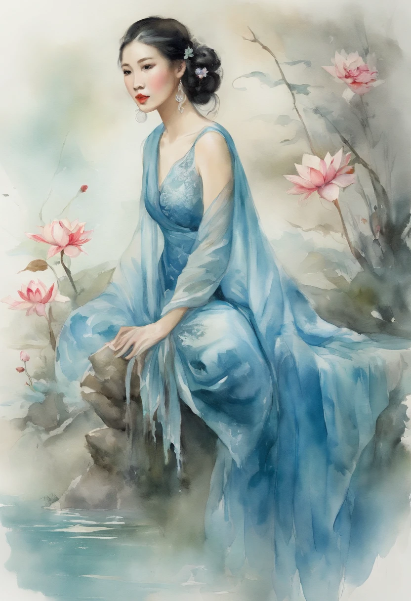 There are blue dresses, 16 long legs, A woman sits on a rock in the water, standing gracefully upon a lotus, Ethereal beauty, Wearing a blue cheongsam, Court, A girl in Hanfu, Wearing a blue cheongsam, Full of fairy tales, In the pond, White Hanfu, a stunning young ethereal figure, floating dress, Light blue, hair behind ear
