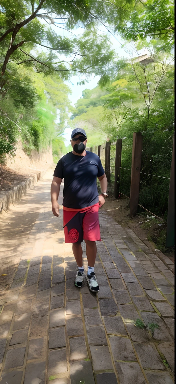 Homem de camisa preta e bermuda vermelha caminhando por um caminho de tijolos, standing in a botanical garden, Caminhando no jardim, conectado com ponte suspensa!!, na floresta da selva !!!, hora de subir o caminho da montanha, Caminhando no Parque, em um ambiente de selva, ambulante, Passeando na floresta, (38 anos), 3 6 anos