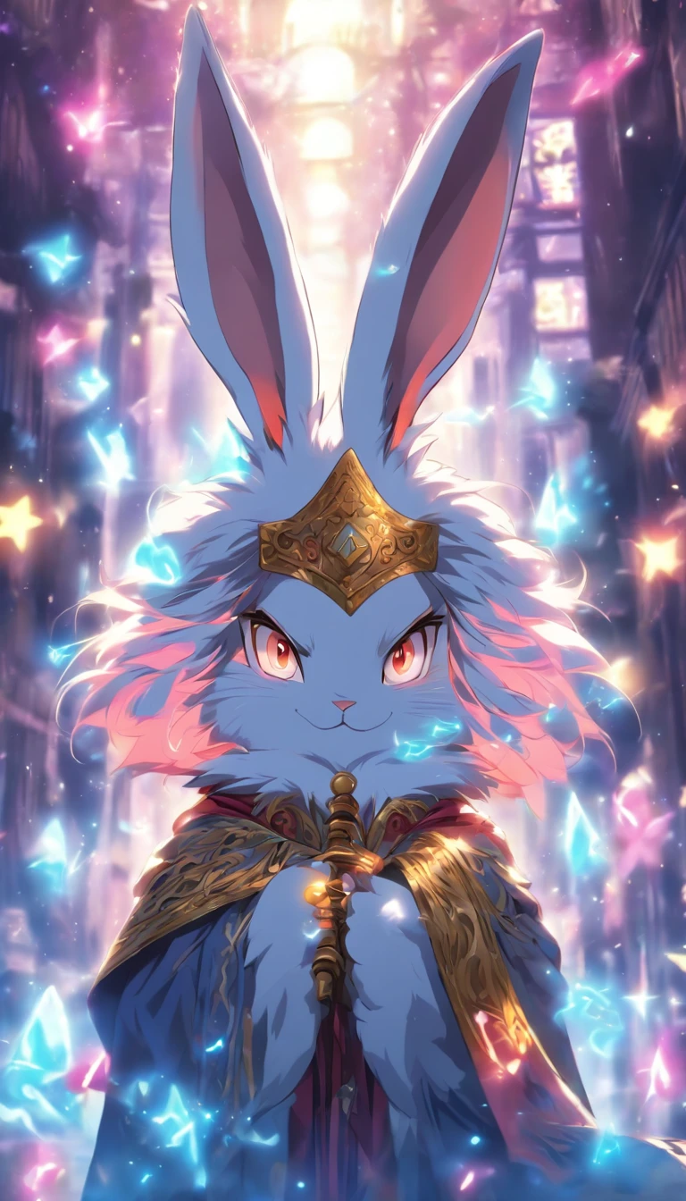 (Best Quality), (Masterpiece), ((Solitary), (Ultra Detailed), (Furry), (Furry), (Female rabbit: 1.5), (Gray Fur: 1.3), (Fluffy Tail: 1.2), (Golden Eyes), Open Mouth, Sharp Focus, (Furry Feeling of Animal Ears), Front Face, Look at the Viewer, Magician, Magician Robe, Magic Hat, Magic Cane