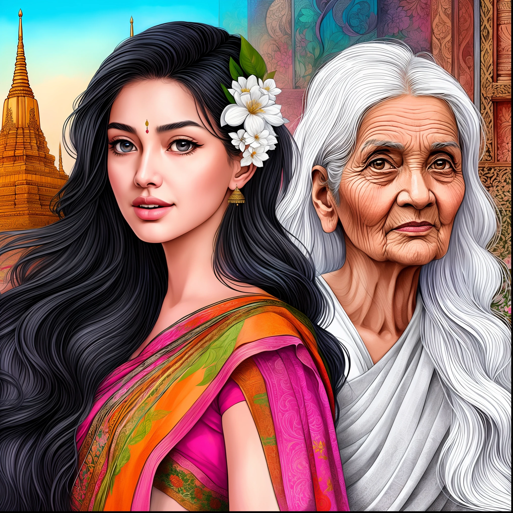 an old woman and an old woman with long hair, a beautiful artwork illustration, thailand art, beautiful digital art, beautiful digital artwork, stunning art style, beautiful digital illustration, digital painting style, stunning digital painting, stunning digital illustration, beautiful digital painting, indian art, detailed beautiful portrait, digital painting highly detailed, great digital art with details, style in digital painting