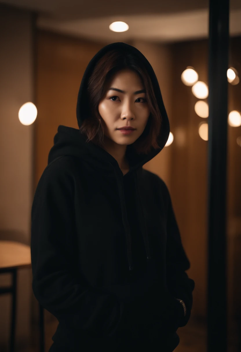 Short-haired Japanese woman, wearing a black hoodie, is in a hotel