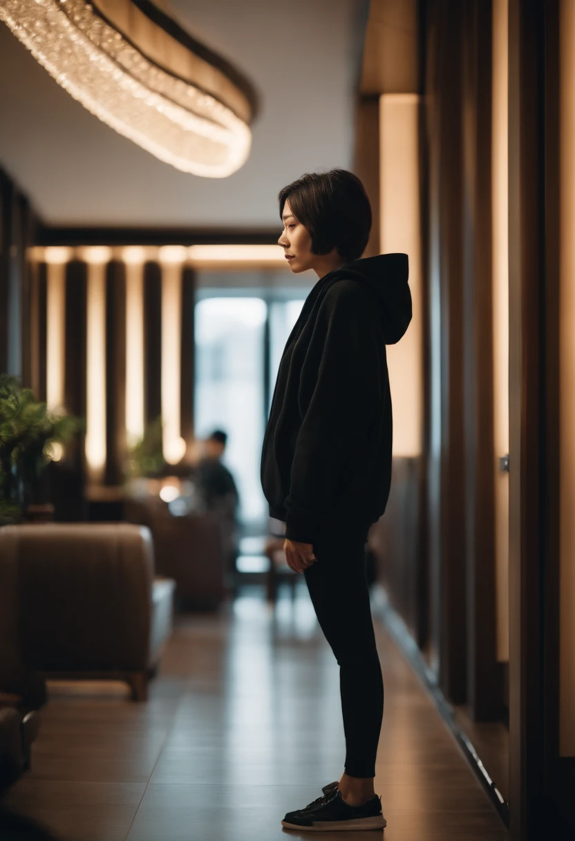 Short-haired Japanese woman, wearing a black hoodie, is in a hotel