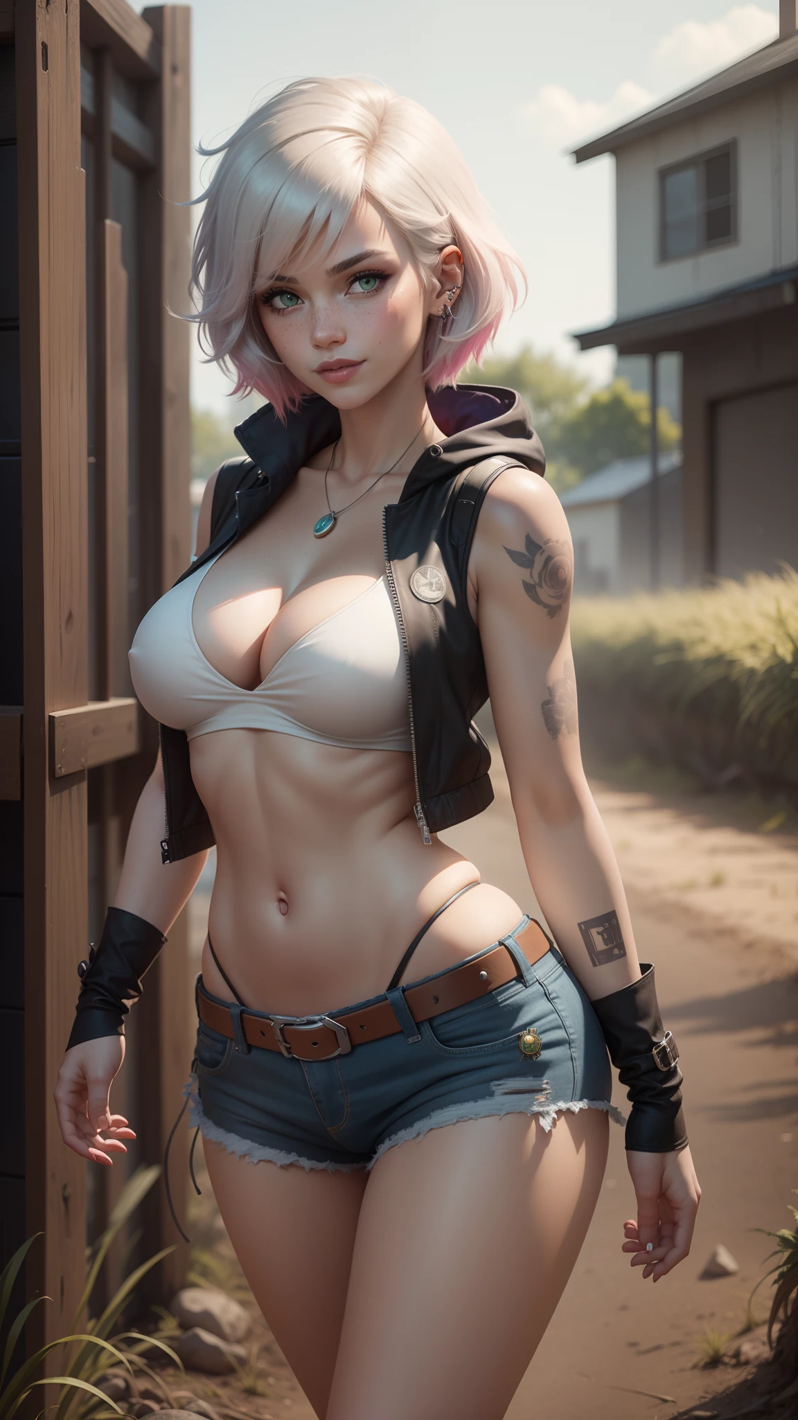 gwen tennyson,tracer,y'shtola rhul,yorha 2b,overwatch,nier automata,mech pilot,cow farm,tattoos,orange and pink plugsuit,white short sleeve bikini top,denim micro shorts,uncovered belly,short hair,punk makeup,green eyes,multicolored silver hair,sexy smile,freckles,beautiful girl,large breasts,8k,ultra detailed,realistic,fantasy art,ear piercings,rancher uniform,saiyan girl,cowboy hoodie vest,cowboy belt,hay field,walking,goth necklace,wet body, from behind,
