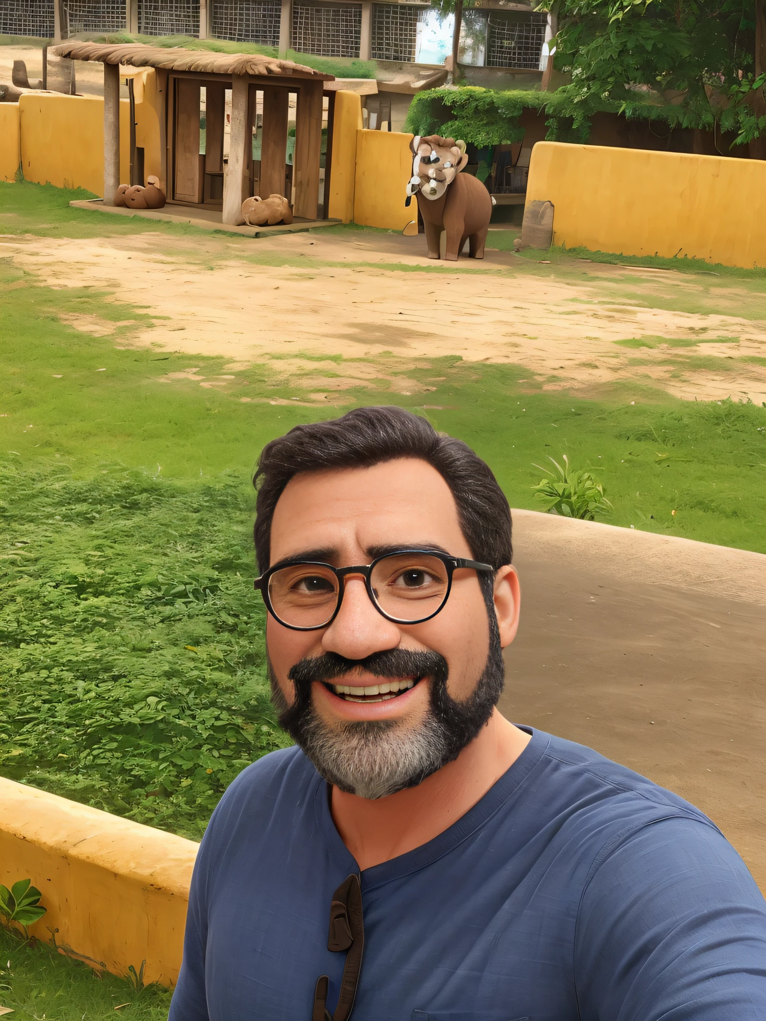 homem no zoologico com elefante ao fundo, barba curta, round glasses, camisa azul e cabelo preto, nariz mais fino