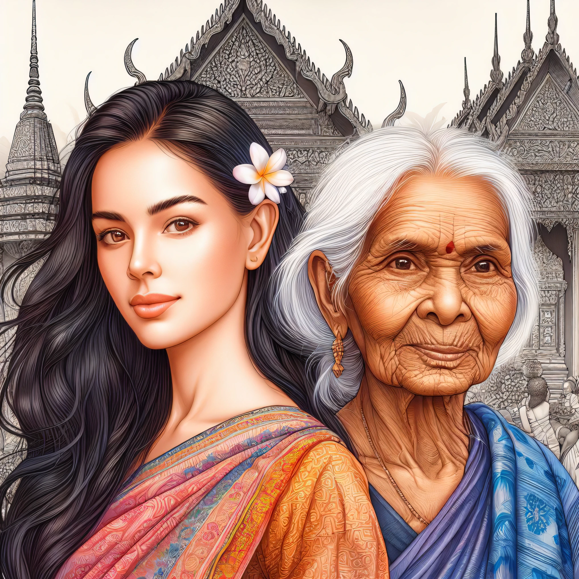 an old woman and a young woman standing in front of a building, a beautiful artwork illustration, thailand art, stunning digital illustration, beautiful digital illustration, inspired by T. K. Padmini, style in digital painting, epic portrait illustration, beautiful digital painting, beautiful digital artwork, stunning digital painting, stunning artwork, detailed beautiful portrait, inspired by Ruth Jên