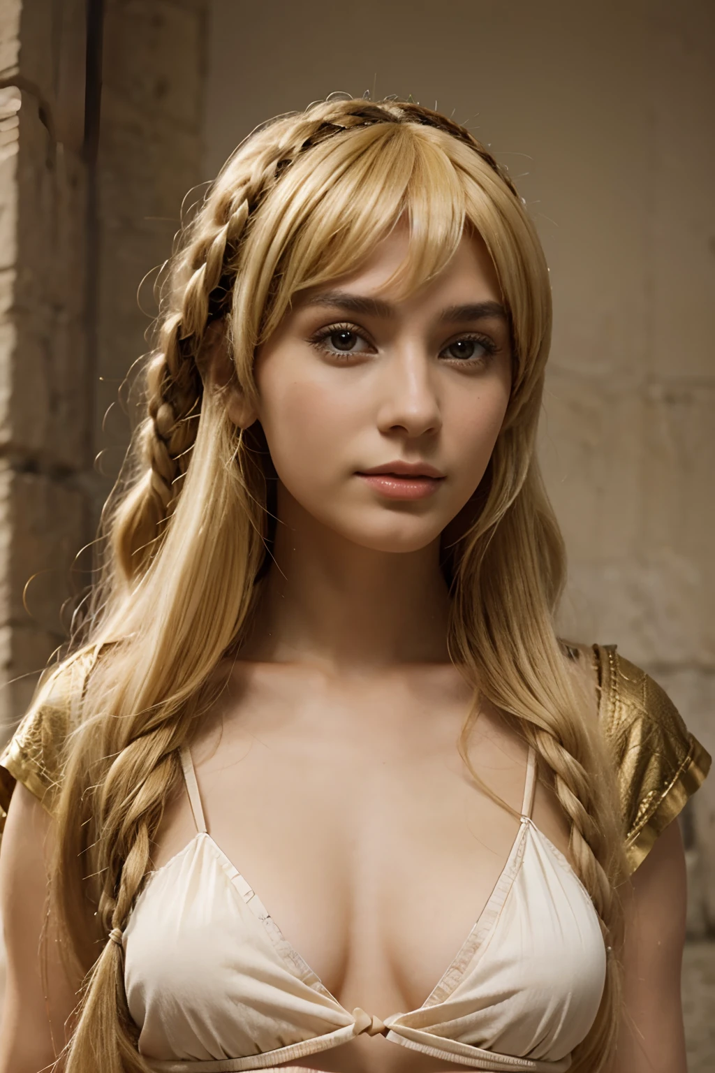 An image of a young Roman woman in the first century B.C. wearing a blonde-haired wig