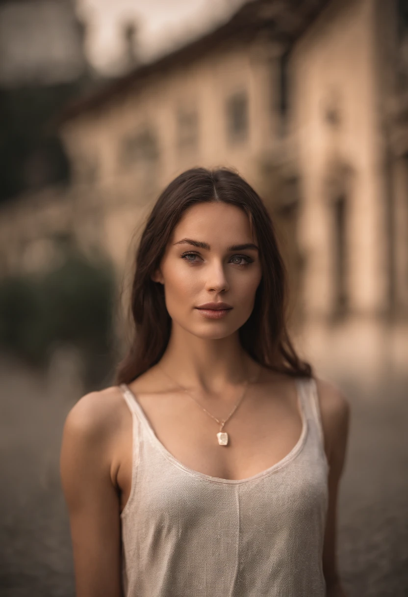arafed woman with a white tank top and a necklace, sexy girl with green eyes, portrait sophie mudd, brown hair and large eyes, selfie of a young woman, bedroom eyes, violet myers, without makeup, natural makeup, looking directly at the camera, face with artgram, subtle makeup, stunning full body shot, piercing green eyes, beautiful angle, attractive pose, cute girl, sexy pose, full body picture, full body, full body shoot, brunette goddess, high detail, satisfied pose, mini skirt, in front of lamoborghini,