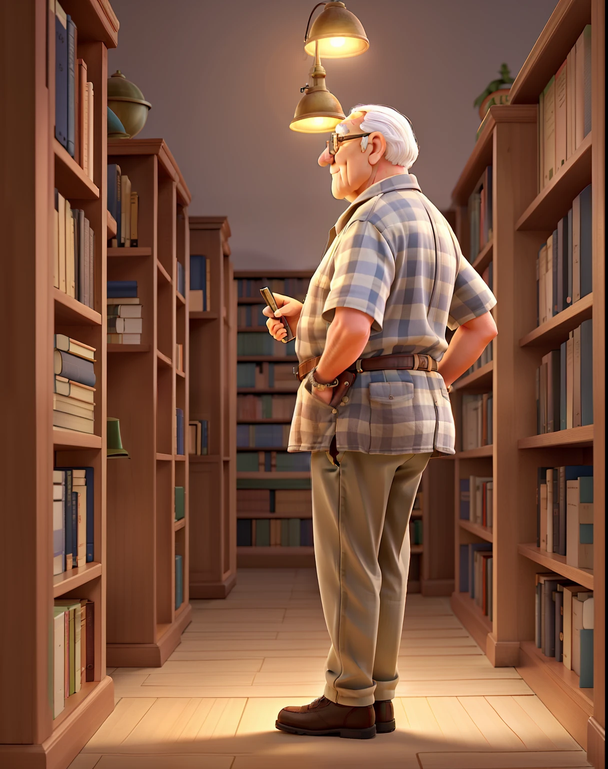 A wise old man standing in front, illuminated by the light of a lamp, against the backdrop of a library