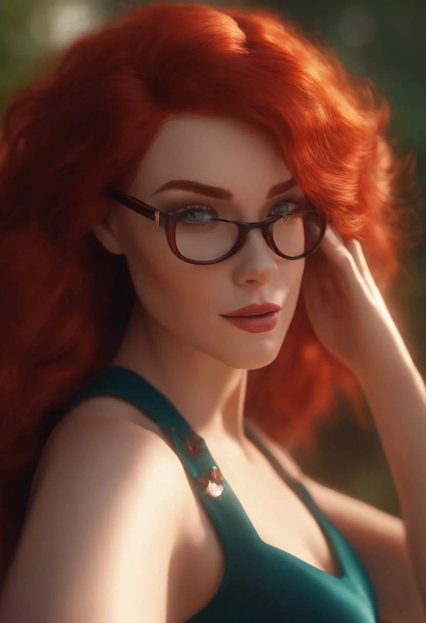 Pixar style image with 3D character white glasses woman red hair light eyes