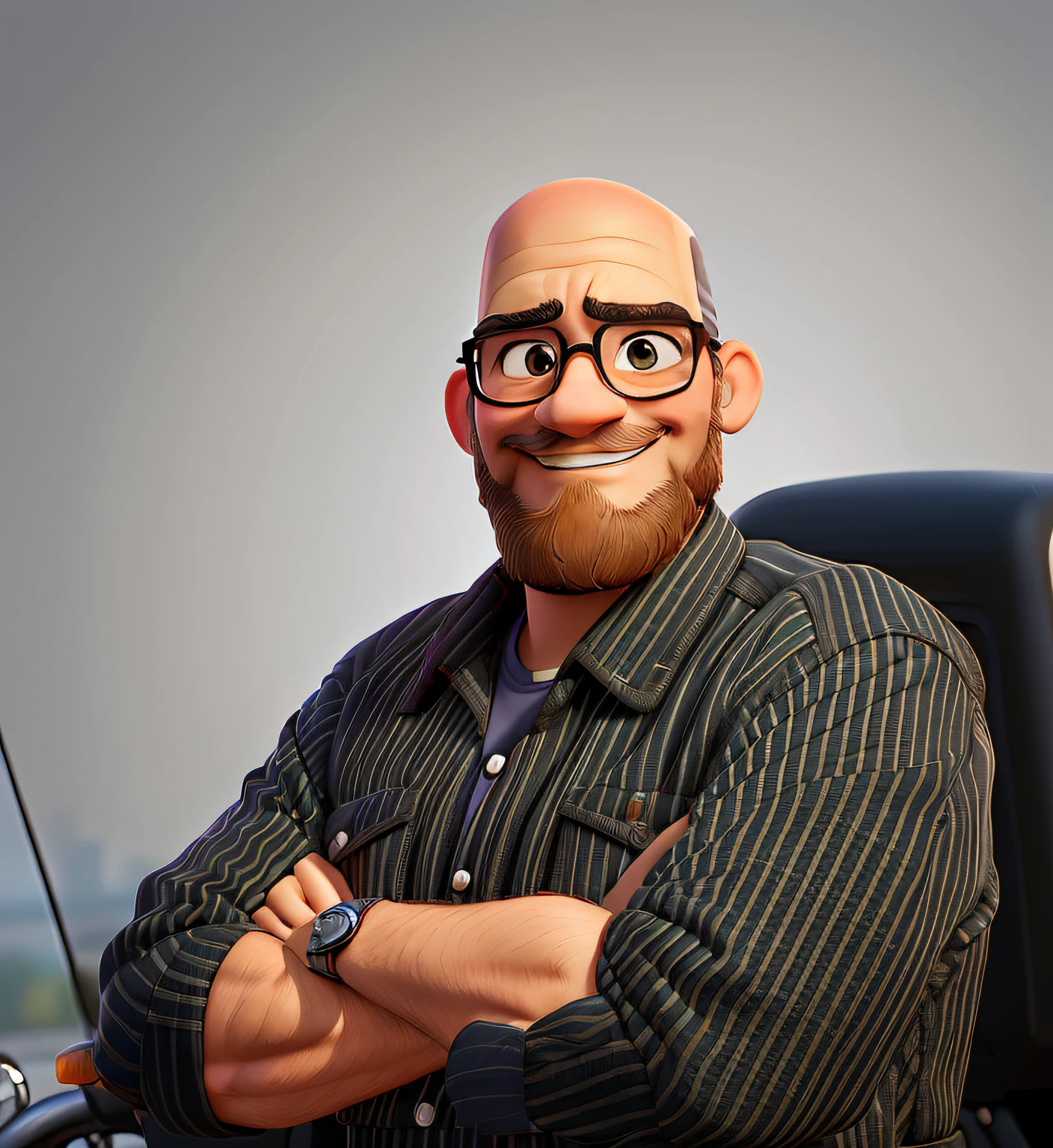 Poster no estilo Disney Pixar, A bald man with glasses and a brown beard, homem no estilo Disney Pixar, Alta qualidade, Melhor qualidade, motociclista de jaqueta de couro, como motos Harley Davidson ao fundoa