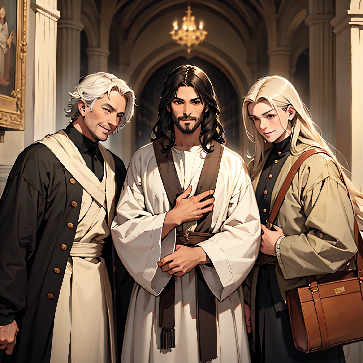 Create the image of three historical characters, facing forward, with a friendly smile on their faces. do Jesus Christ. one next to the other, each wearing clothes specific to the period related to each of them