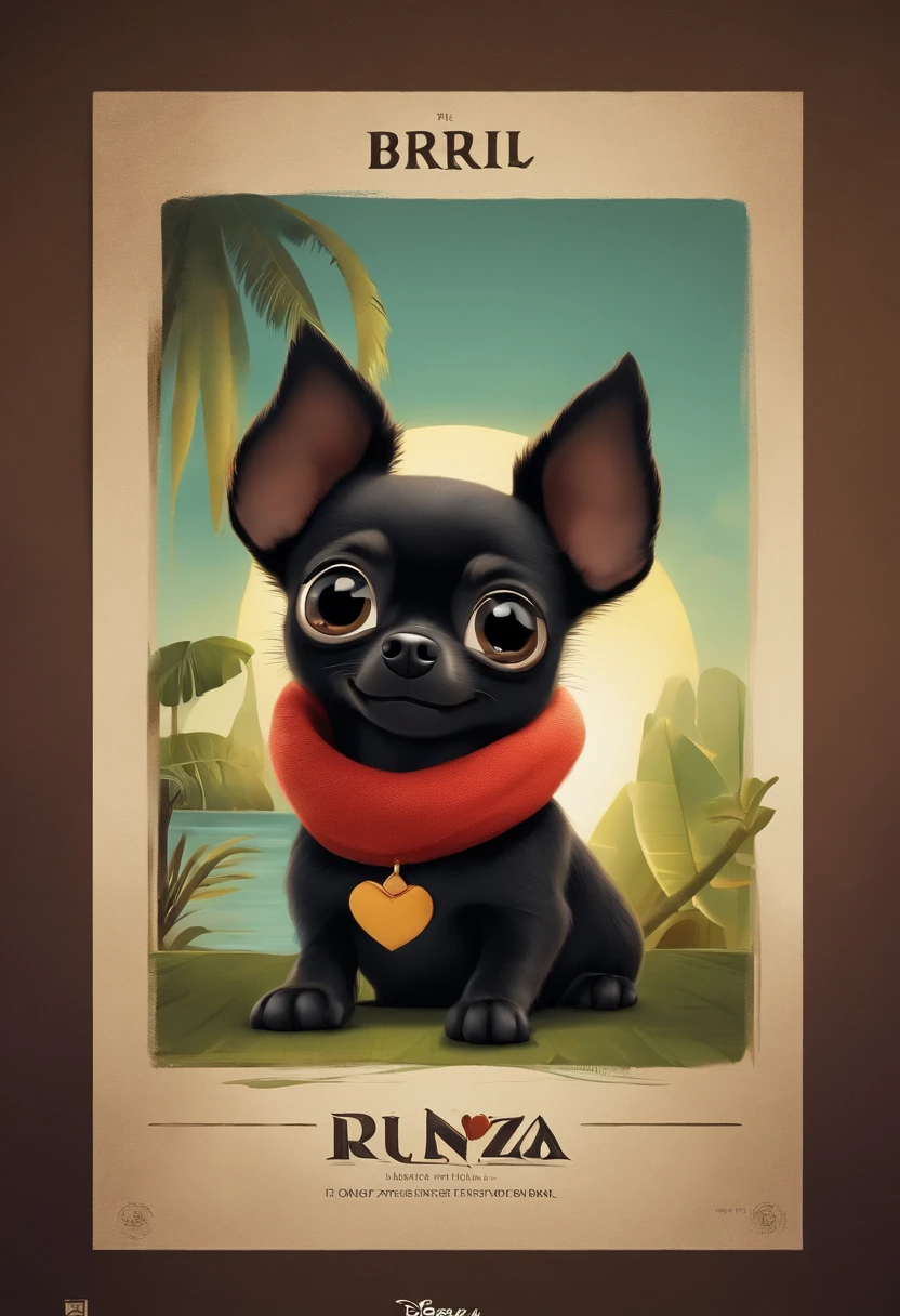 Create a poster inspired by Disney Pixar movies, including a black and tiny chihuahua sitting on the ground. The poster is titled 'BRI”.Digital art should be in the Pixar style, reminiscent of an animated feature.